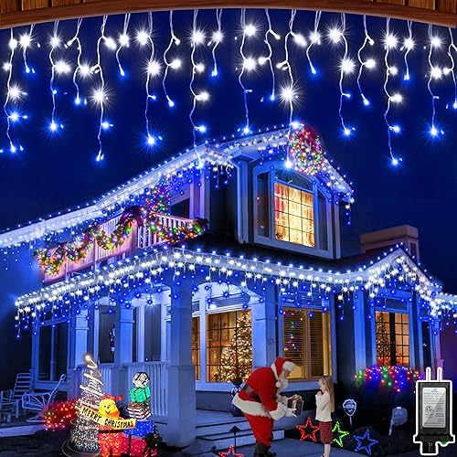 Luces LED de Navidad para exteriores de 66 pies, 490 LED con 8 modos para decoración navideña de la casa (blanco frío y azul)