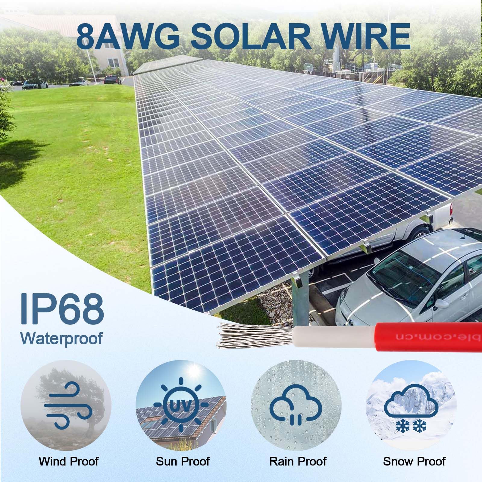 Solar-Verlängerungskabel, 8 AWG (10 mm²), 1500 V, verzinntes Kupfer, Solarkabel mit hartem PPO-Kunststoff, 1,5 kV, 70 A, IP68 PV-Stecker und Buchse, 1,5 m
