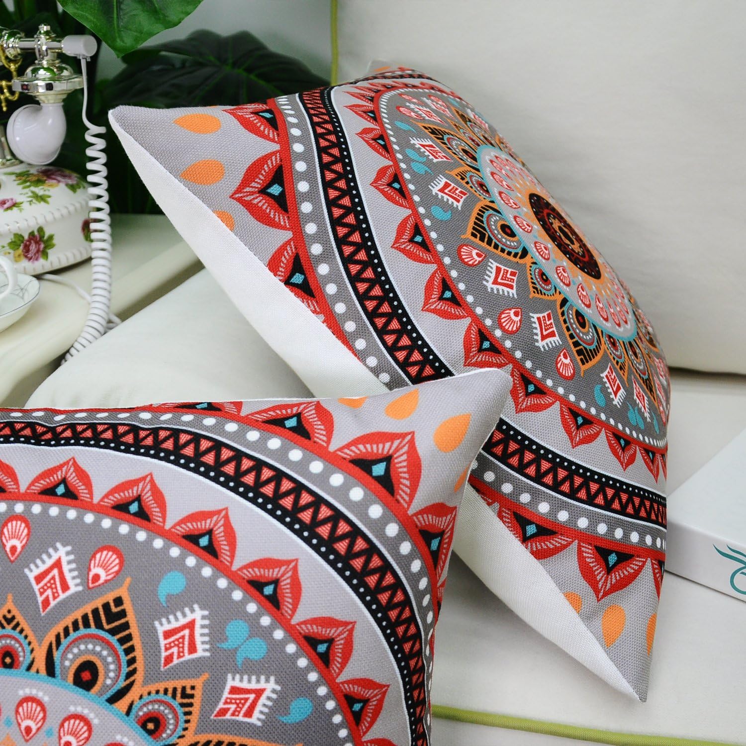 CaliTime Pack of 2 Soft Canvas Throw Pillow Covers Cases for Couch Sofa Home Decor Retro Mandala Pattern Compass Medallion 18 X 18 Inches