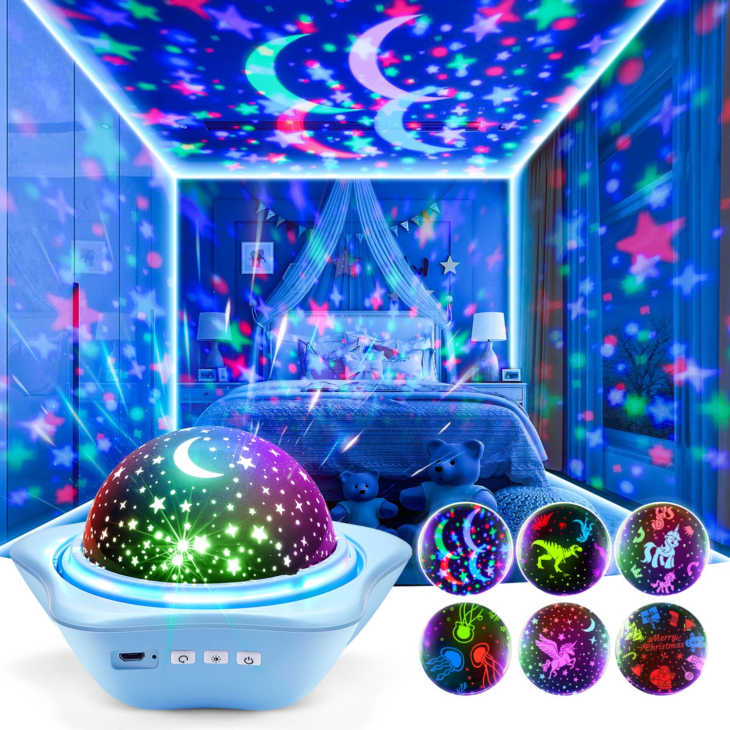 Proiettore Stelle Soffitto, 96 Modalità Proiettore Stelle Soffitto Bambini, 6 Films+2400mAh Proiettore Soffitto, 360° Proiettore Bambini,Luce Notturna Bambini Stelle Luminose Cameretta Regalo Natale