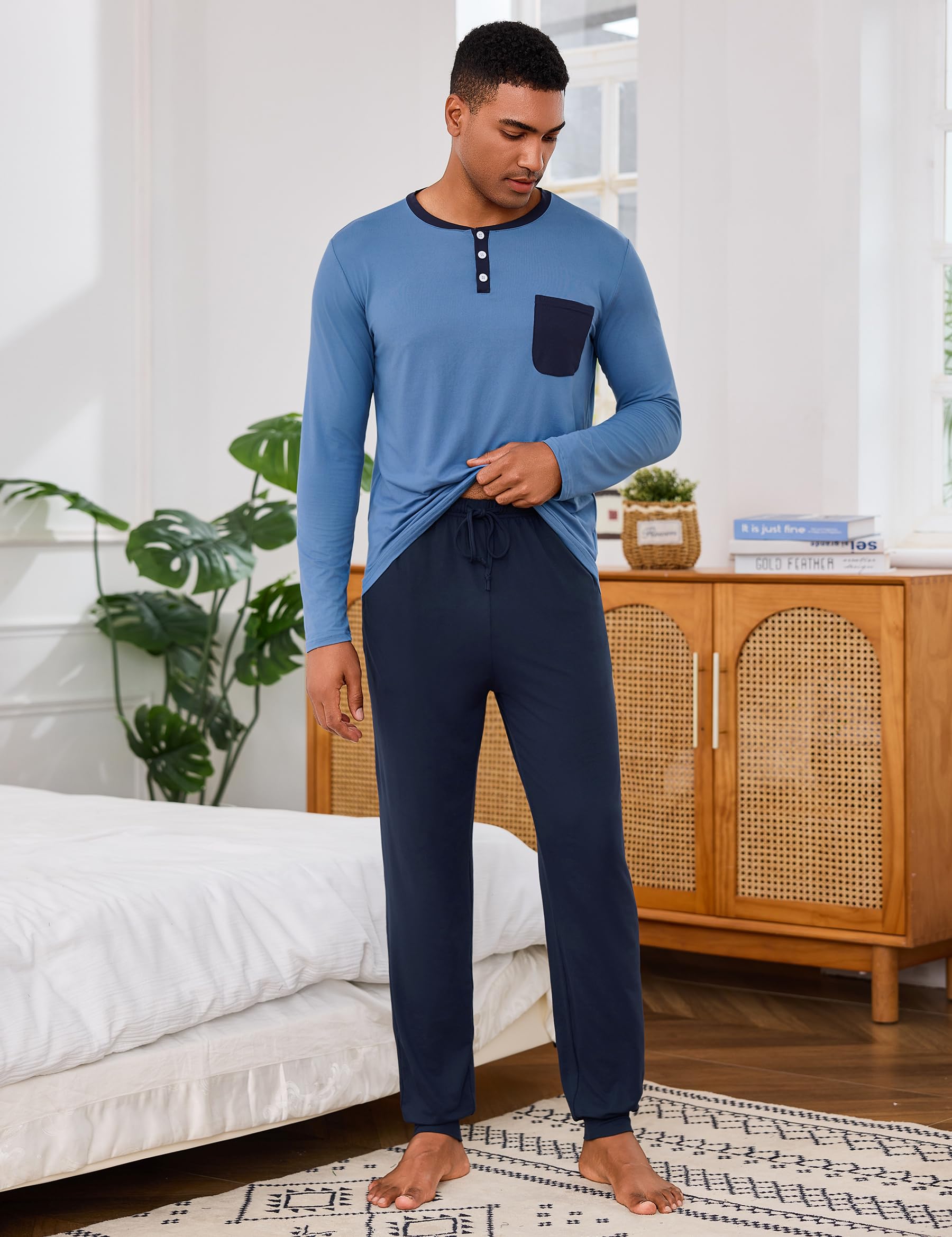 Uniexcosm Pigiama Uomo Cotone Lungo Pigiama A Due Pezzi da Uomo Abbigliamento da Casa