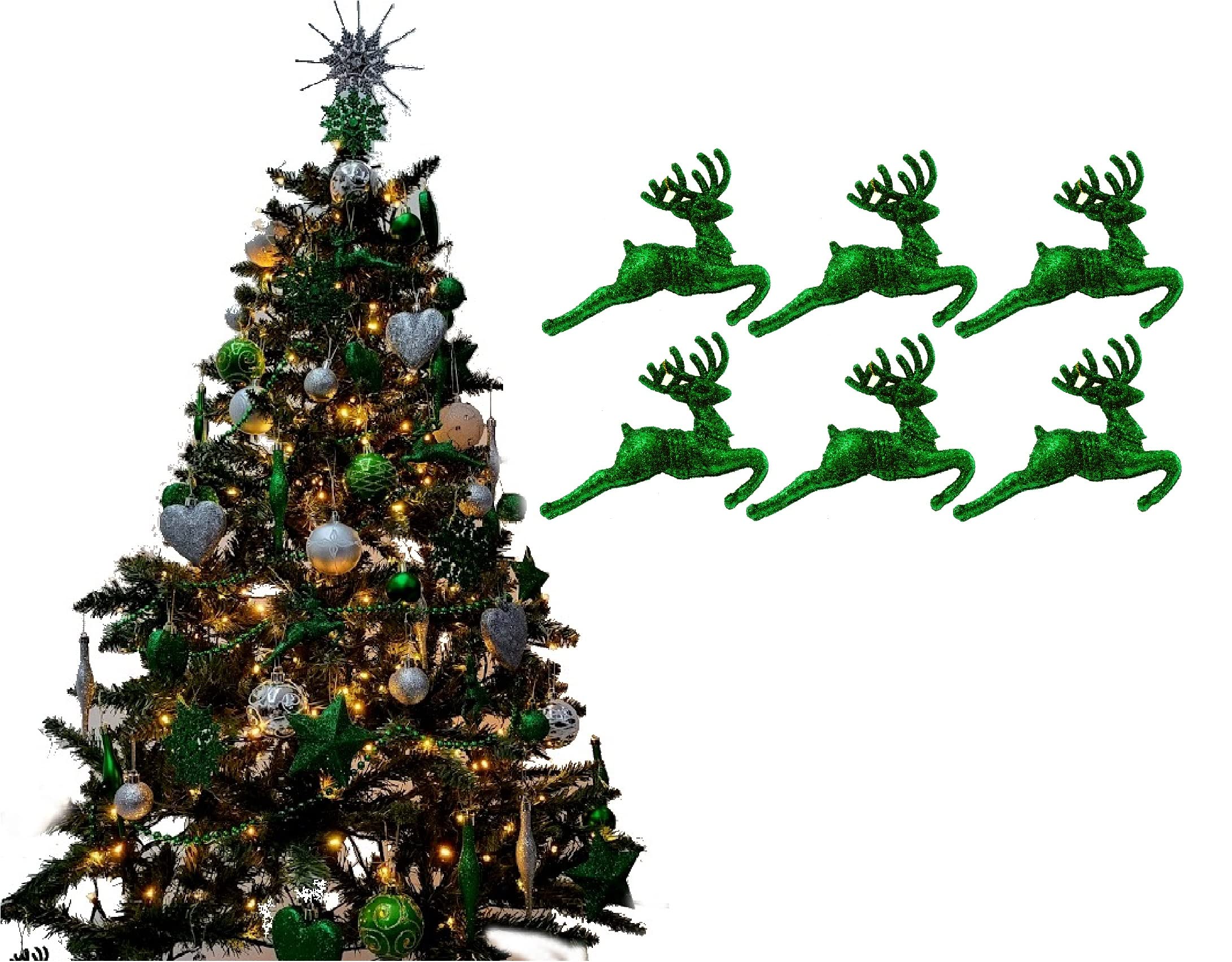 Simply Products Dark Green Pack Of 6 - Hanging Glitter Reindeer Christmas Tree Decorations - 2.2Cm X 9.5Cm (Dark Green)