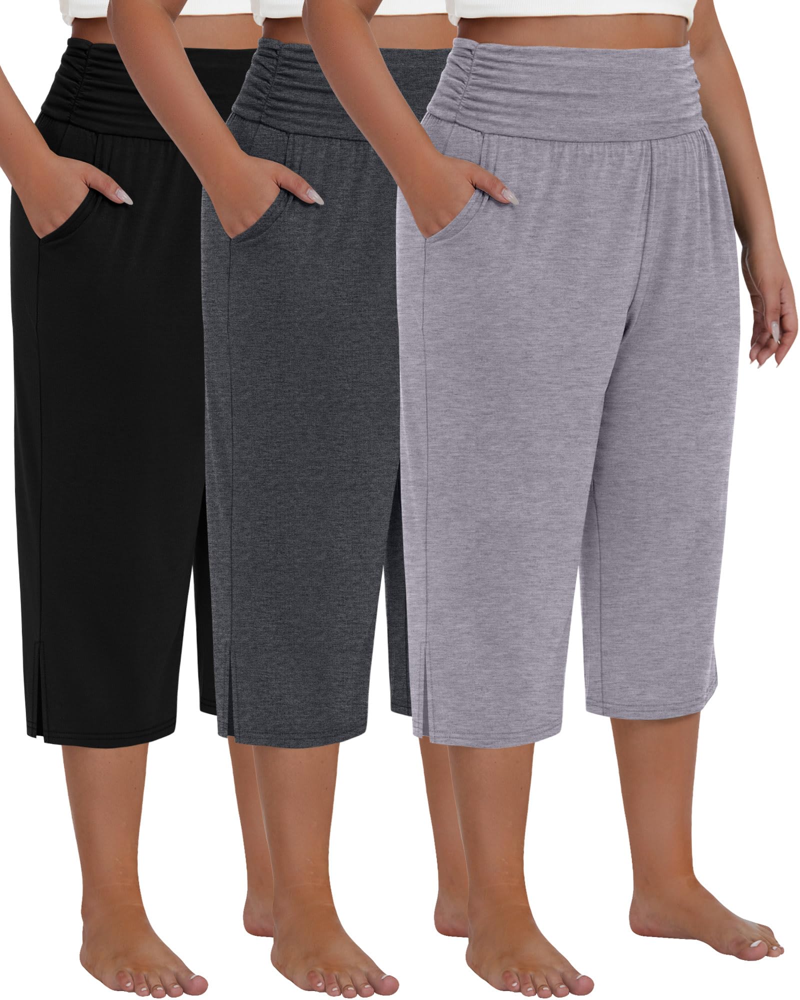 Neer 3 Pack Women's Plus Size Cotton Capri Pants High Waisted Wide Leg Loose Lounge Yoga Cropped Sweatpants with Pockets