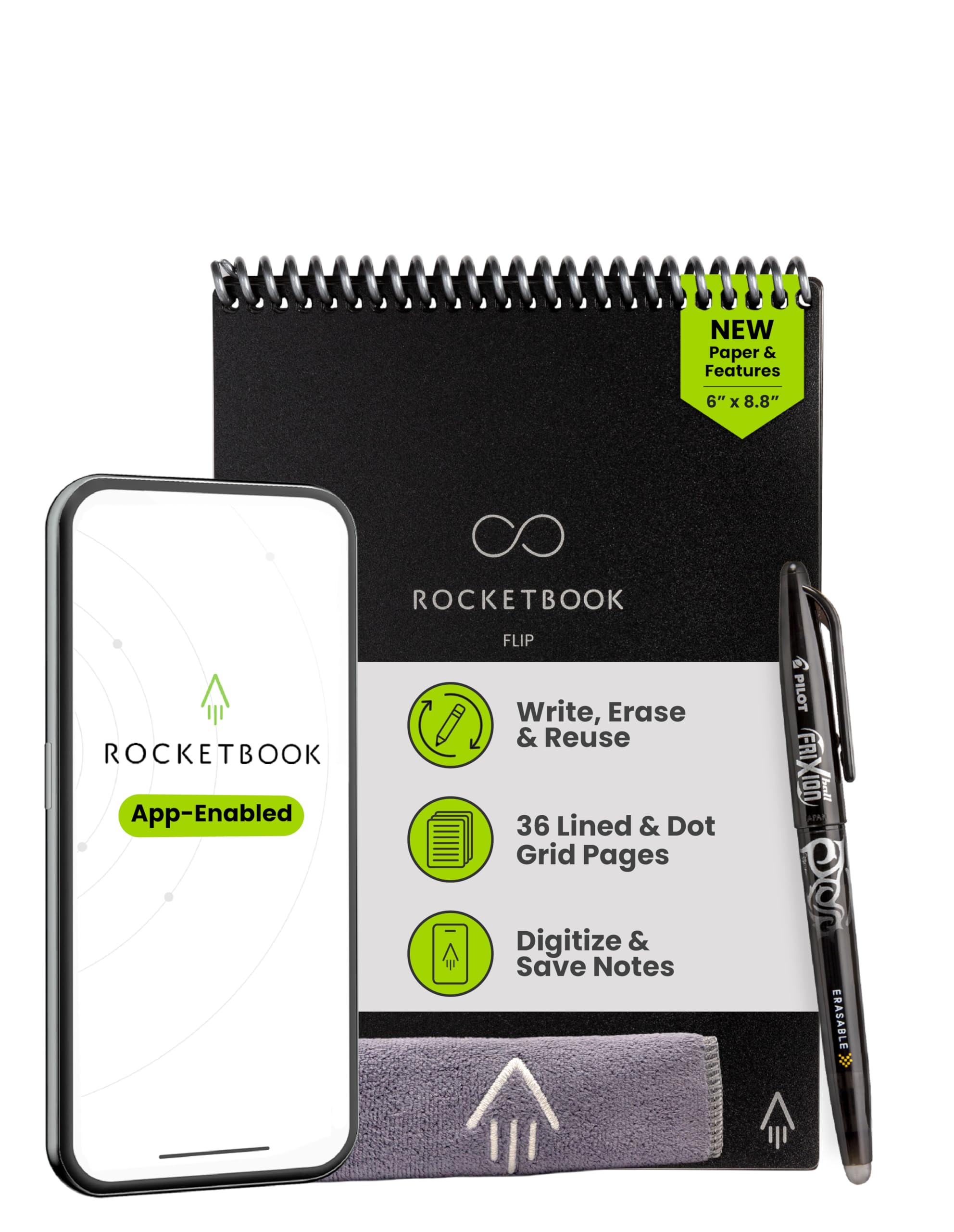 Rocketbook Flip Reusable Smart Notepad, Top Bound Spiral Notebook Lined and Dotted Pages Executive Size 6x8.8, Premium, Black (Pack of 1)