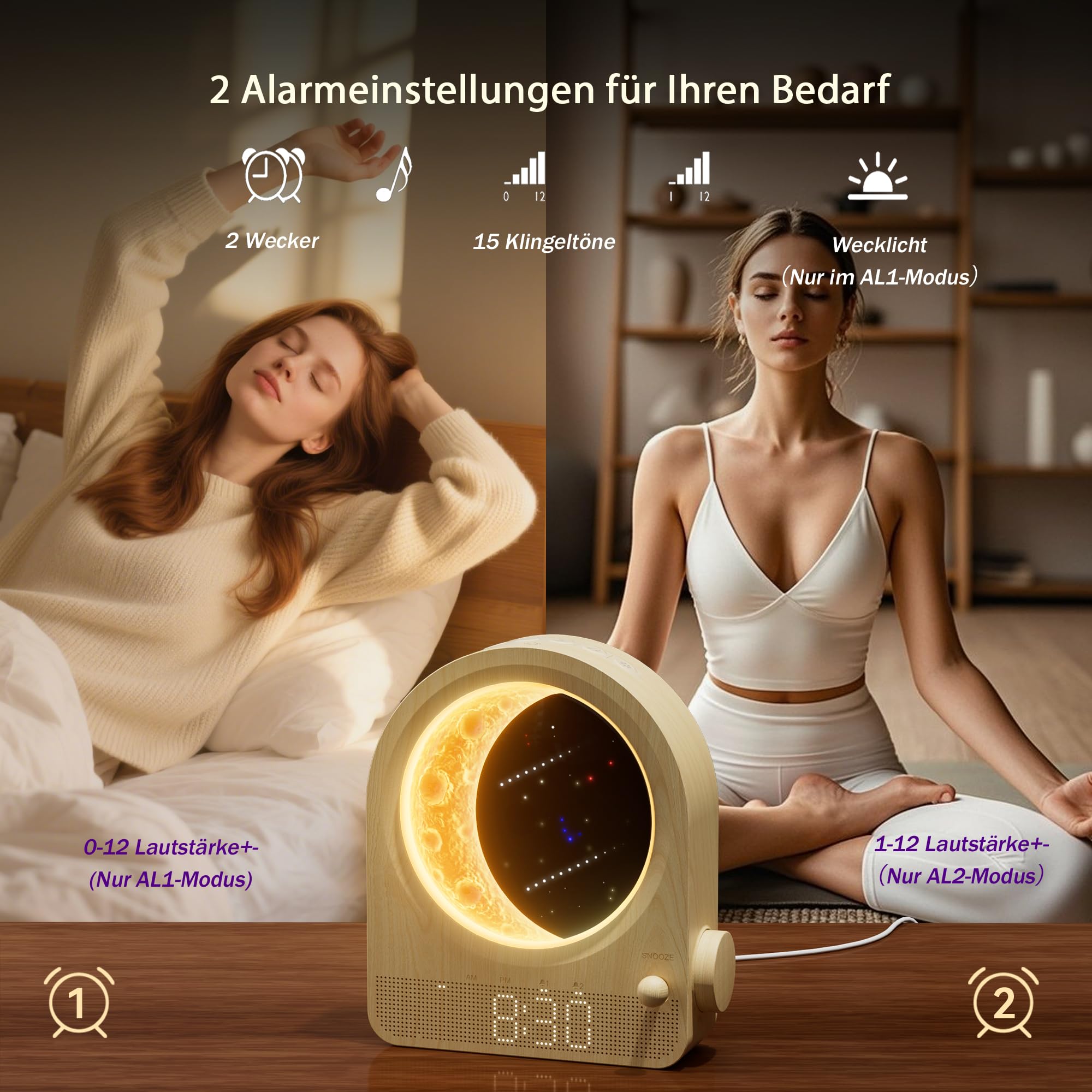 blonbar Wecker & Mondlampe kombinieren,3 Stufige Helligkeit Nachtlicht Nachttischlampe mit Tageslicht, Lichtwecker,Wake-up Light, 10 natürliche Klänge,Dimmbarem Nachtlicht,Ideal für Schlafzimmer