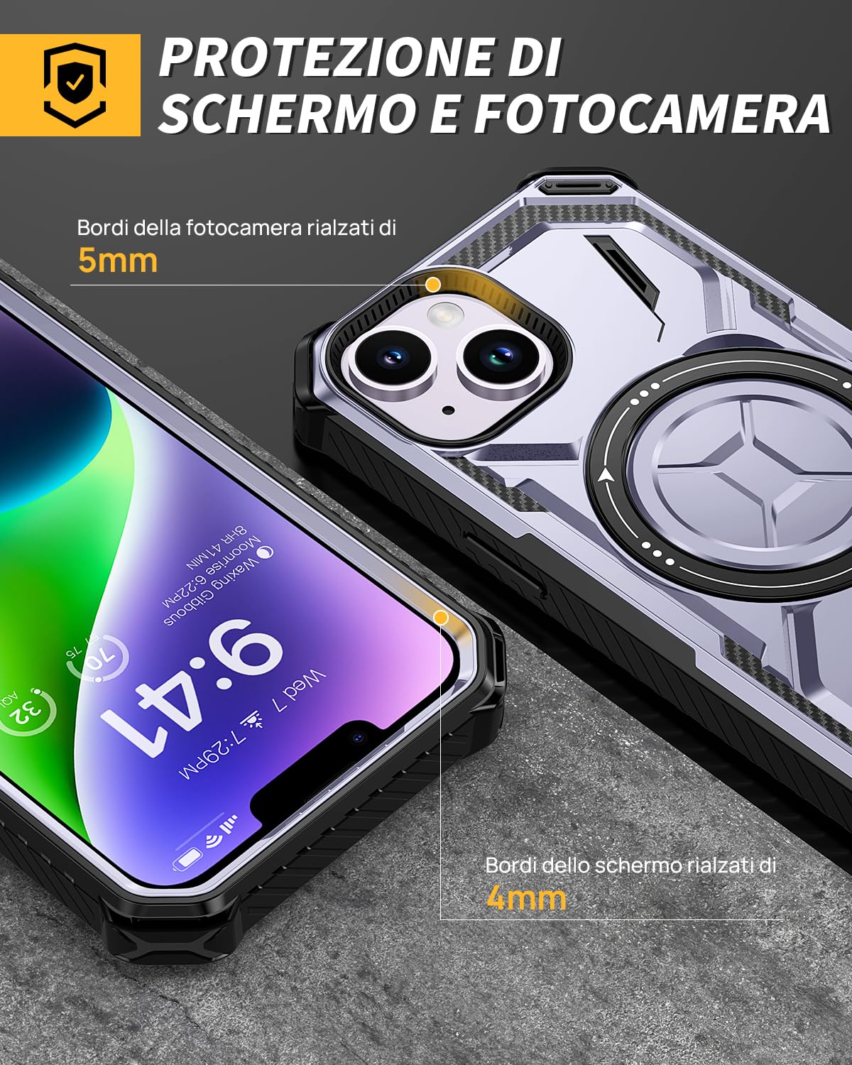 Lanhiem Cover iPhone 14 / iPhone 13 con 2 Pezzi Vetro Temperato, Supporto Magnetico Anello a 360° Protezione 6FT Antiurto Anticaduta Militare Armor Protezione, Custodia iPhone 13/14, Viola