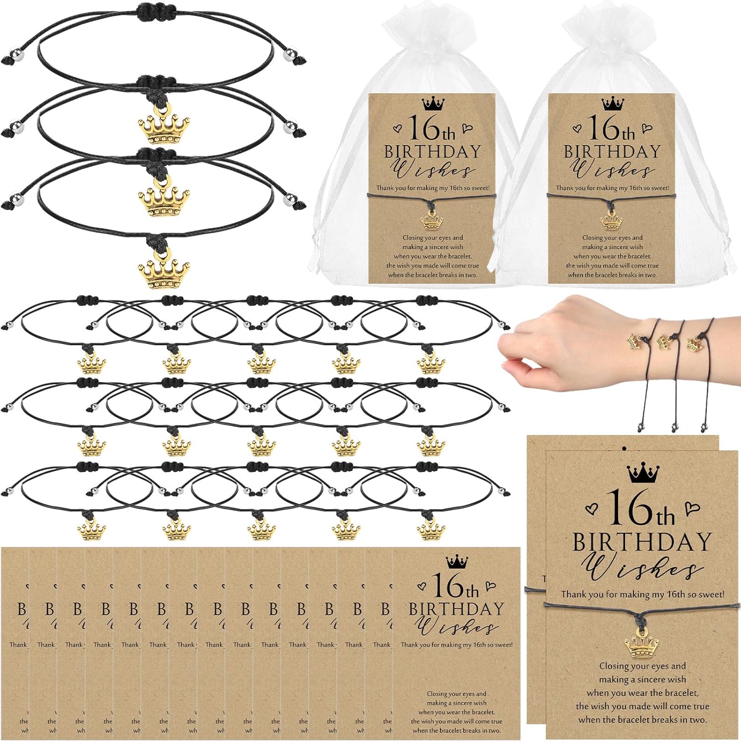 Misdary 50 Sets Sweet 16 Party Favors for Guests Include Wish Bracelets with Crown Adjustable Bracelets with Thank You Cards 16th Birthday Party Favors 16 Years Birthday Supply