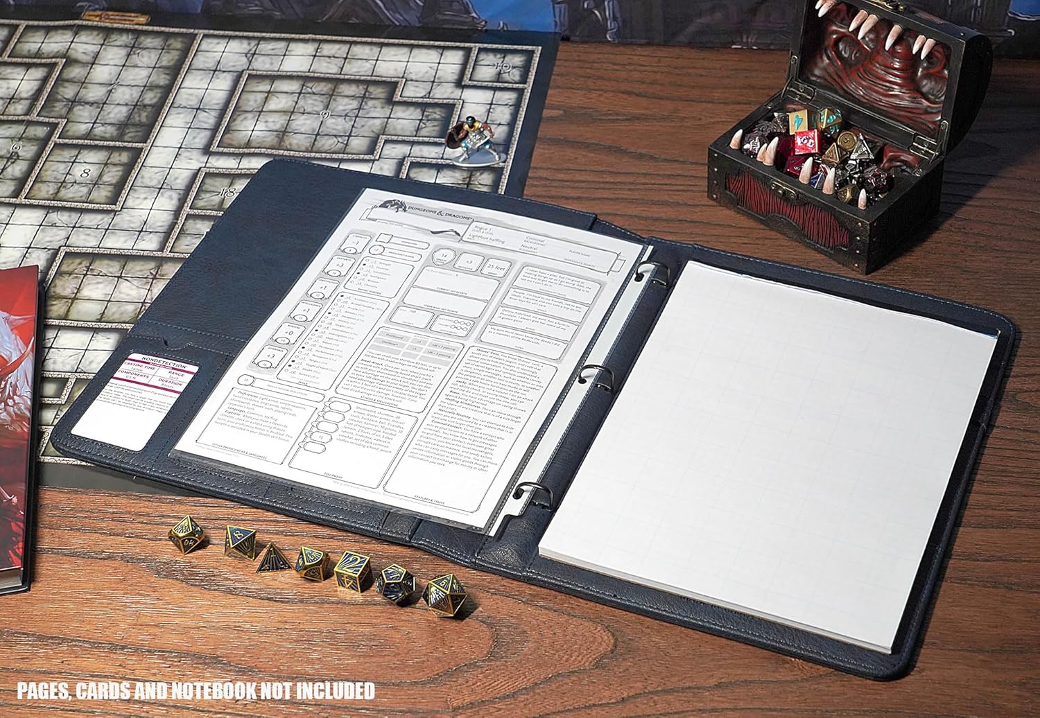 Forged Dice Co. Game-Folio PU Leather Portfolio Binder - Gaming Binder for DND Character Sheets with DND Spell Cards Organizer and Clear Front Pocket - Compatible with Dungeons and Dragons RPG - Blue