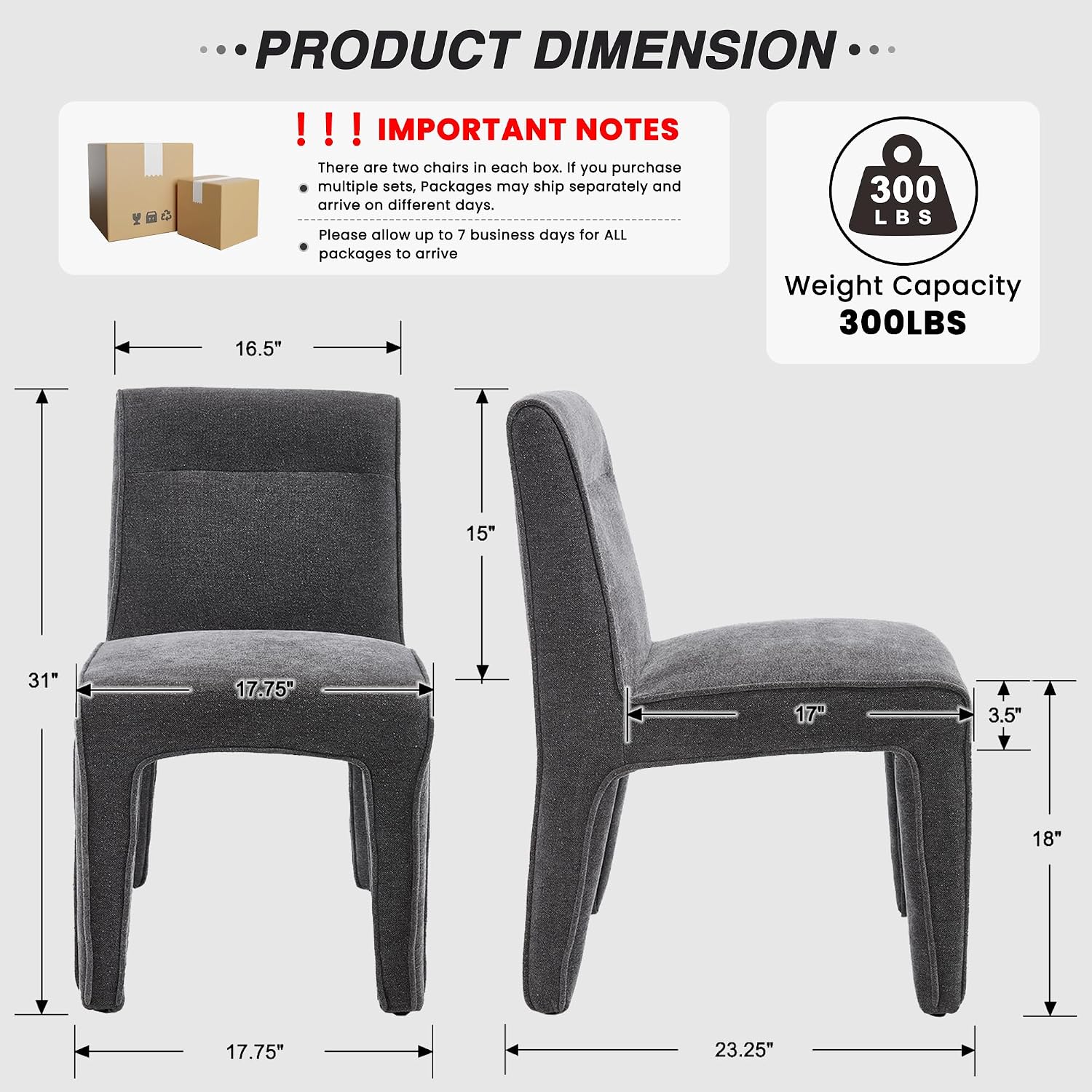 HNY Upholstered Grey Chenille Dining Chairs Set of 2, Mid Century Modern Armless Kitchen & Dining Room Chairs with Fabric-Wrapped Legs, Comfy Accent Side Chair with for Kitchen Living Room Bedroom