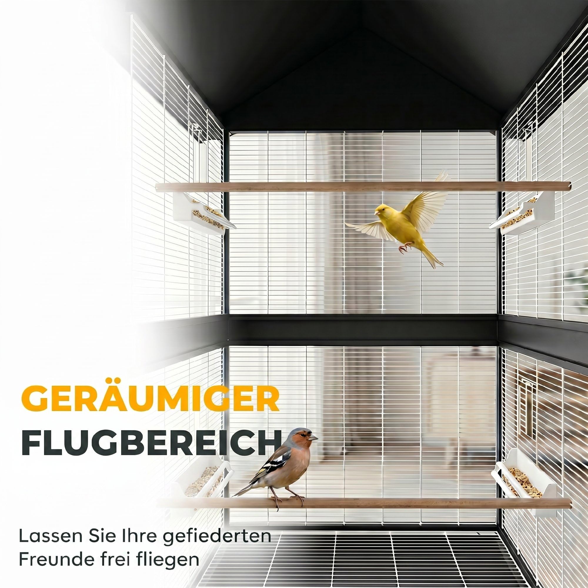 PawHut Vogelvoliere Groß Vogelkäfig mit Abnehmbar Trennwand 2 Türen 2 Holzstangen Rollen 2 Schalen 4 Futterspendern Vogelhaus XXL Vogelbauer für Wellensittiche Nymphensittiche Kanarien 94 x 70 x 158cm