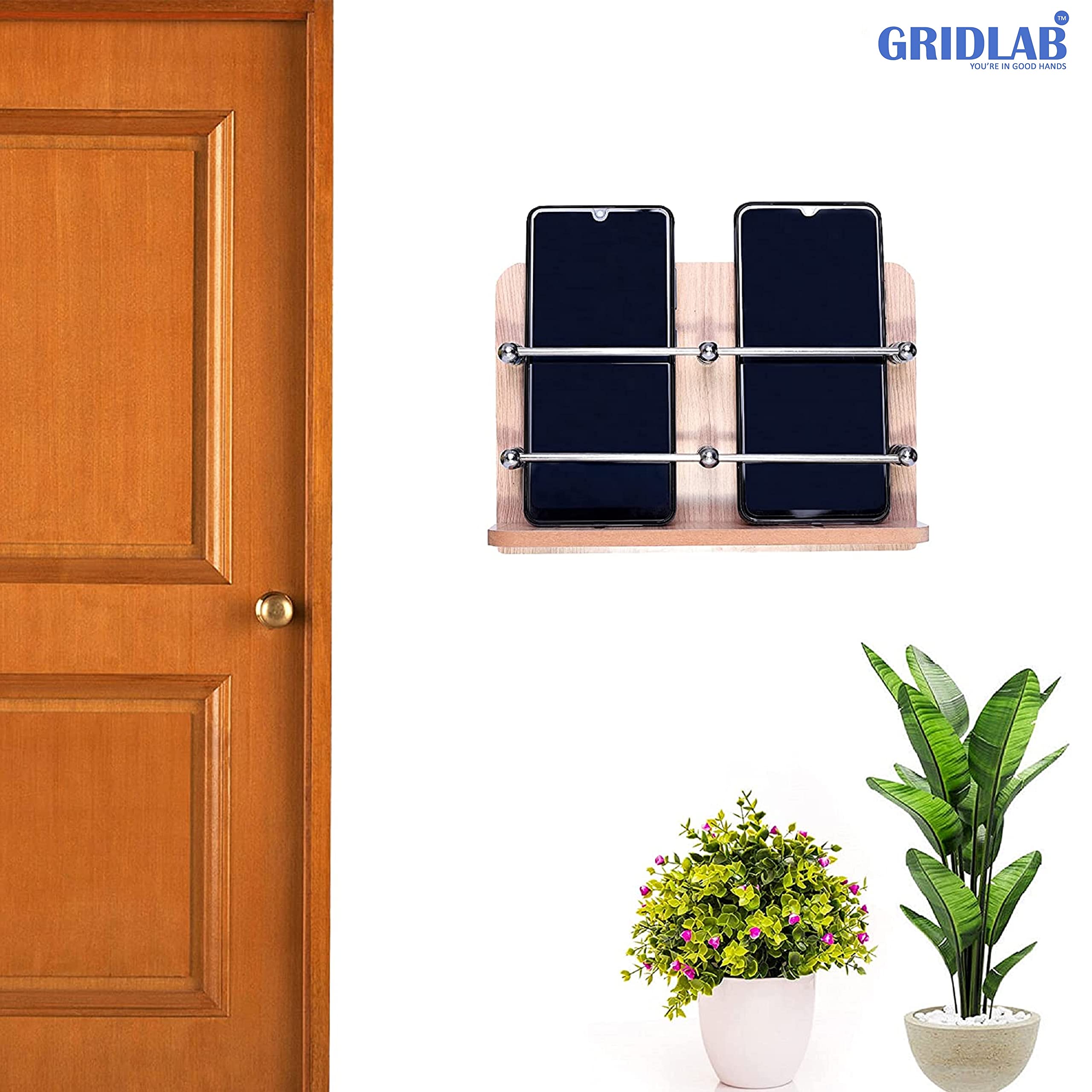 GRIDLAB™ Wooden Double Mobile Holder Stand for Mobile Charging, TV & AC Remote Holding and Keys Hanging at Home, Office, Bedroom, Hotel Wall Mount (Wooden Double Mobile Stand) 1