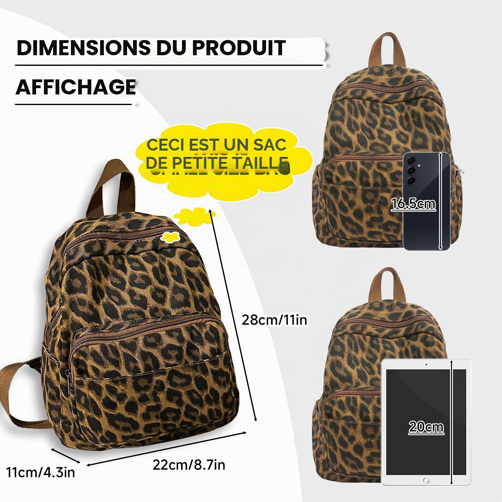 Petit sac à dos pour femme - Motif léopard - Petit sac à dos - Sac à dos pour enfants - Pour voyage, travail, tous les jours - Mode - Pour femmes, filles, adolescents - Unisexe