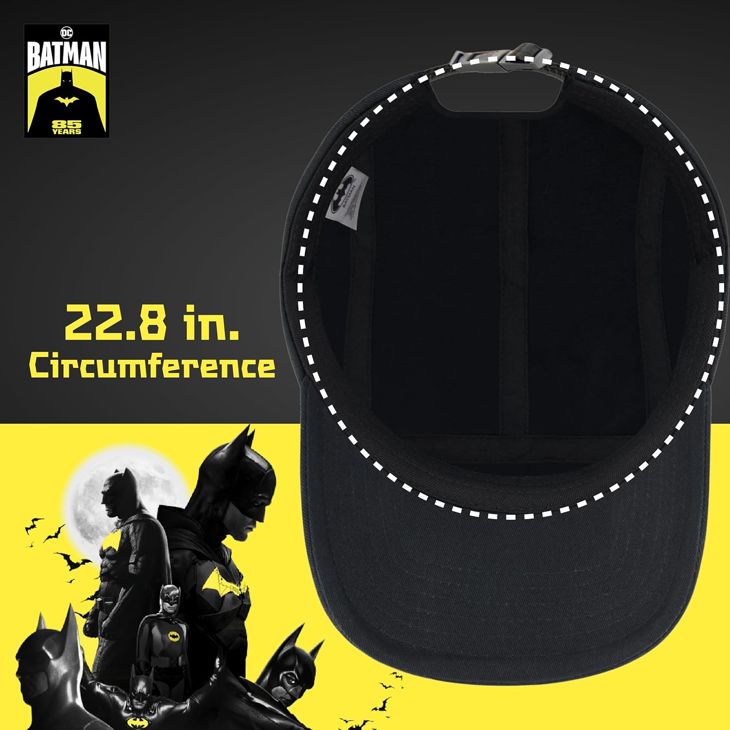 DC Comics Batman Baseball Cap, Wayne Industries Adult Adjustable Cotton Camper Hat with Curved Brim for Men and Women, Black, One Size