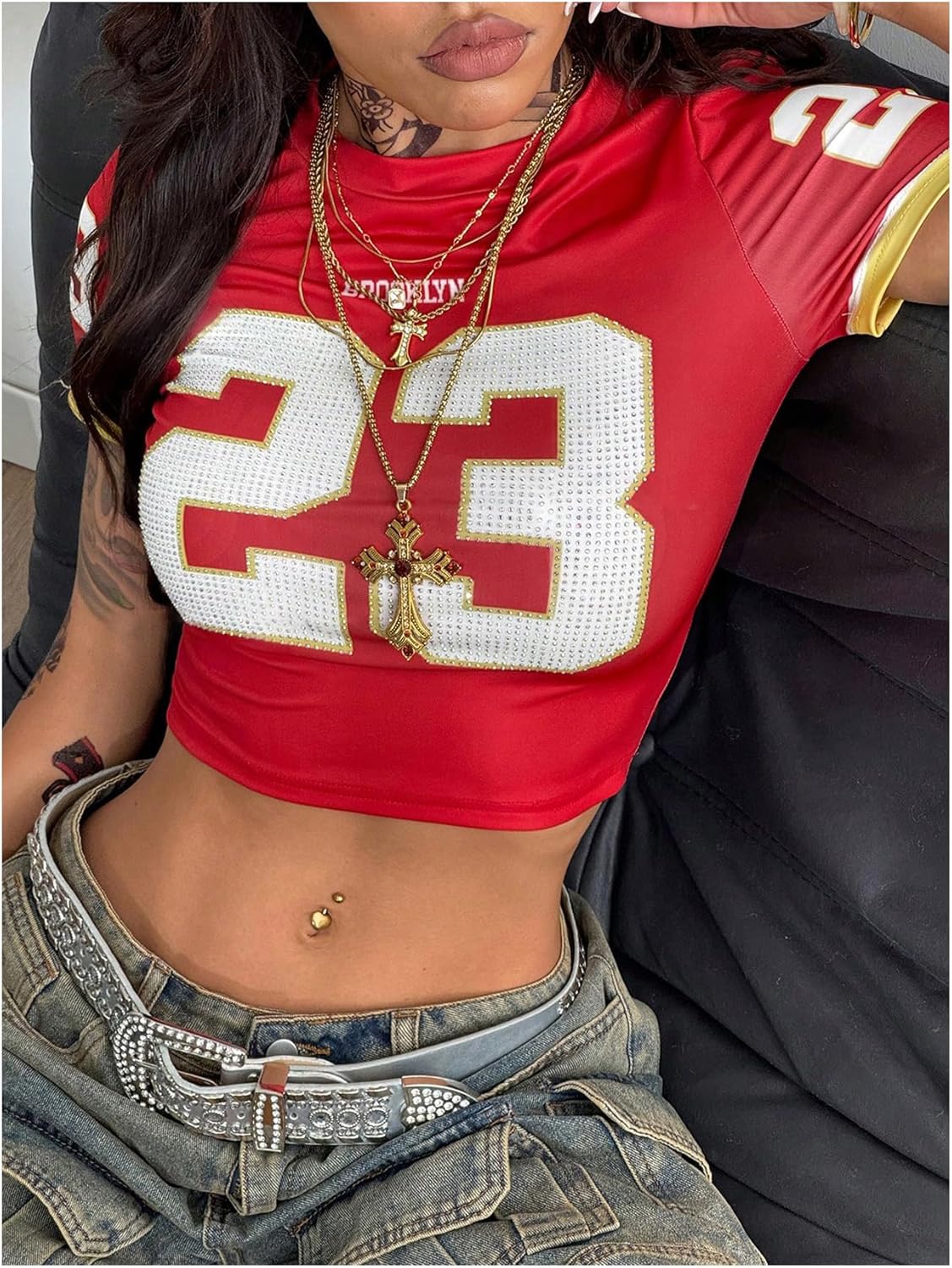 WDIRARA Women's Sparkly Rhinestone Jersey Shirts Number Graphic Short Sleeve Crop Tops Streetwear - Image 3