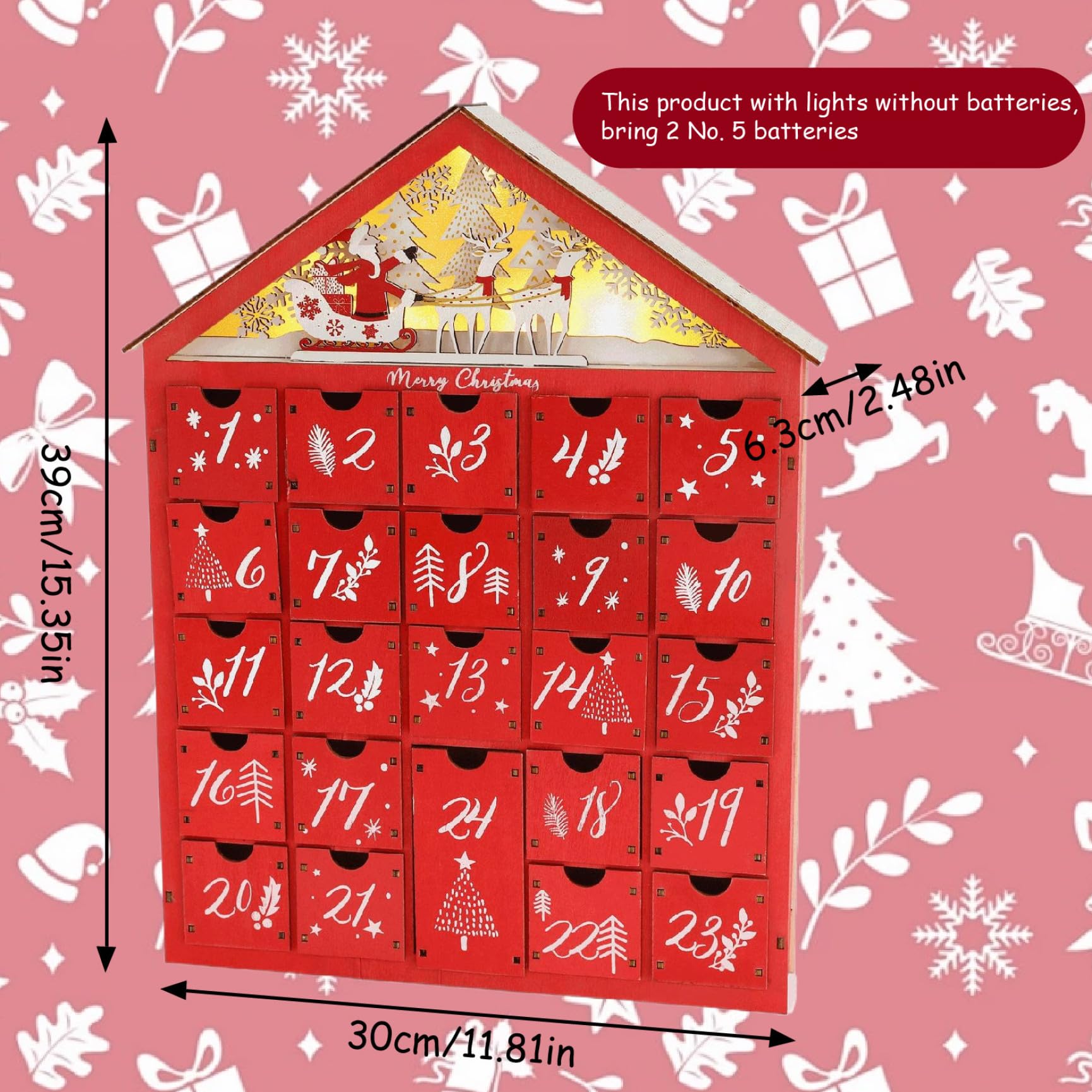 Calendario dell'Avvento di Natale con 24 cassetti portaoggetti Calendario dell'Avvento in legno a LED con albero di Natale e casette fai da te ideale per adulti Decorazioni natalizie per bambini