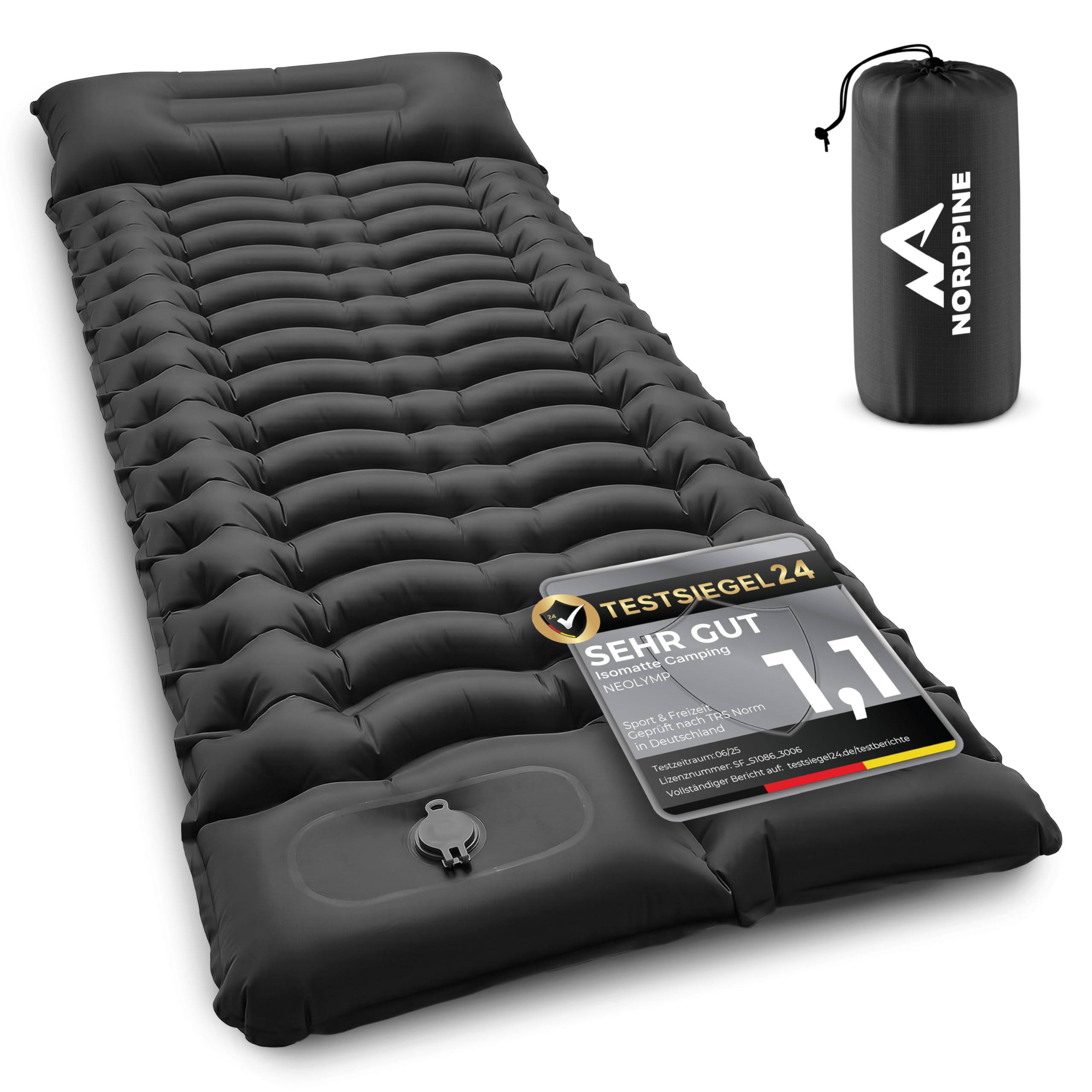 NEOLYMP NORDPINE Isomatte Camping - Integrierte Fußpumpe, Aufblasbar, 10 cm Dick - 200x70 cm, Ultraleicht 0,9 kg, Packmaß 25x12 cm - Aufblasbare Isomatte Luftmatratze Schlafmatte (Schwarz)