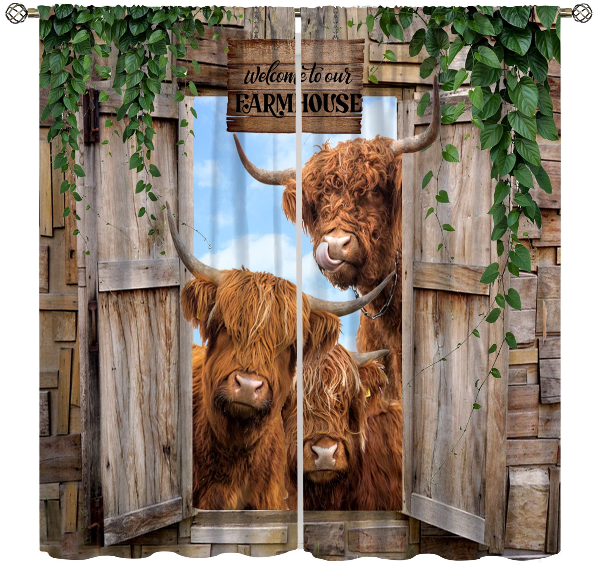 YCness Highland Cow Curtains, Country Farm Animal Window Treatments for Farmhouse Kitchen, Western Wildlife Bull Sunflower Print Rod Pocket 2 Panel