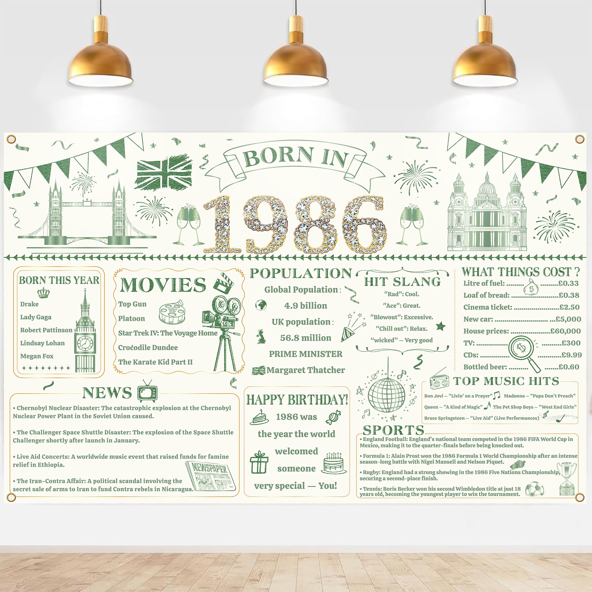 40th Birthday Decorations Poster Banner - Green and Gold Born in 1986 UK Background Happy 40th Birthday Backdrop Vintage Poster Banner for 40 Years Old Women Men Home Decor Party Supplies