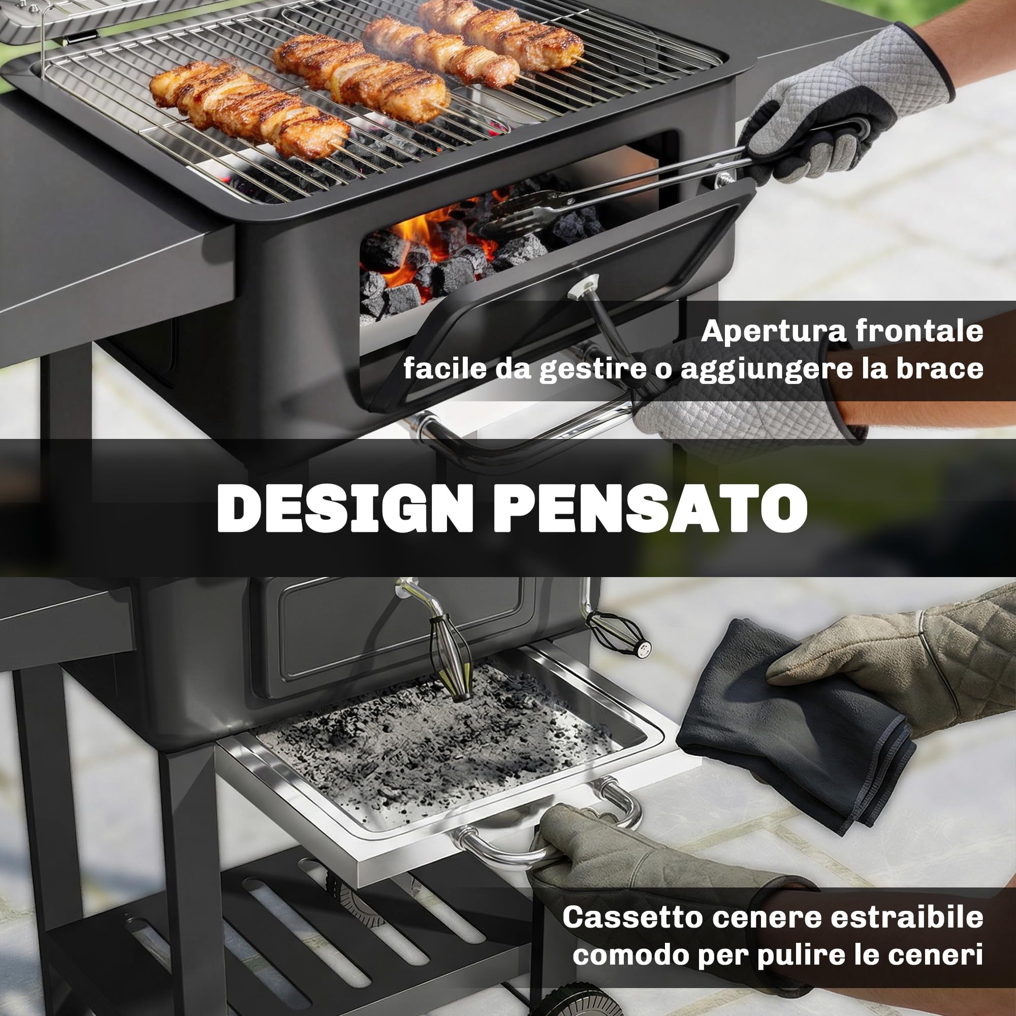 Outsunny Barbecue Carbonella con Griglia, Vasca Carbone Sfiati Regolabile, Carrello BBQ Barbecue Portatile con Coperchio, Termometro, Ripiani Laterali, Camino, Ganci, Ruote, per Campeggio, Nero