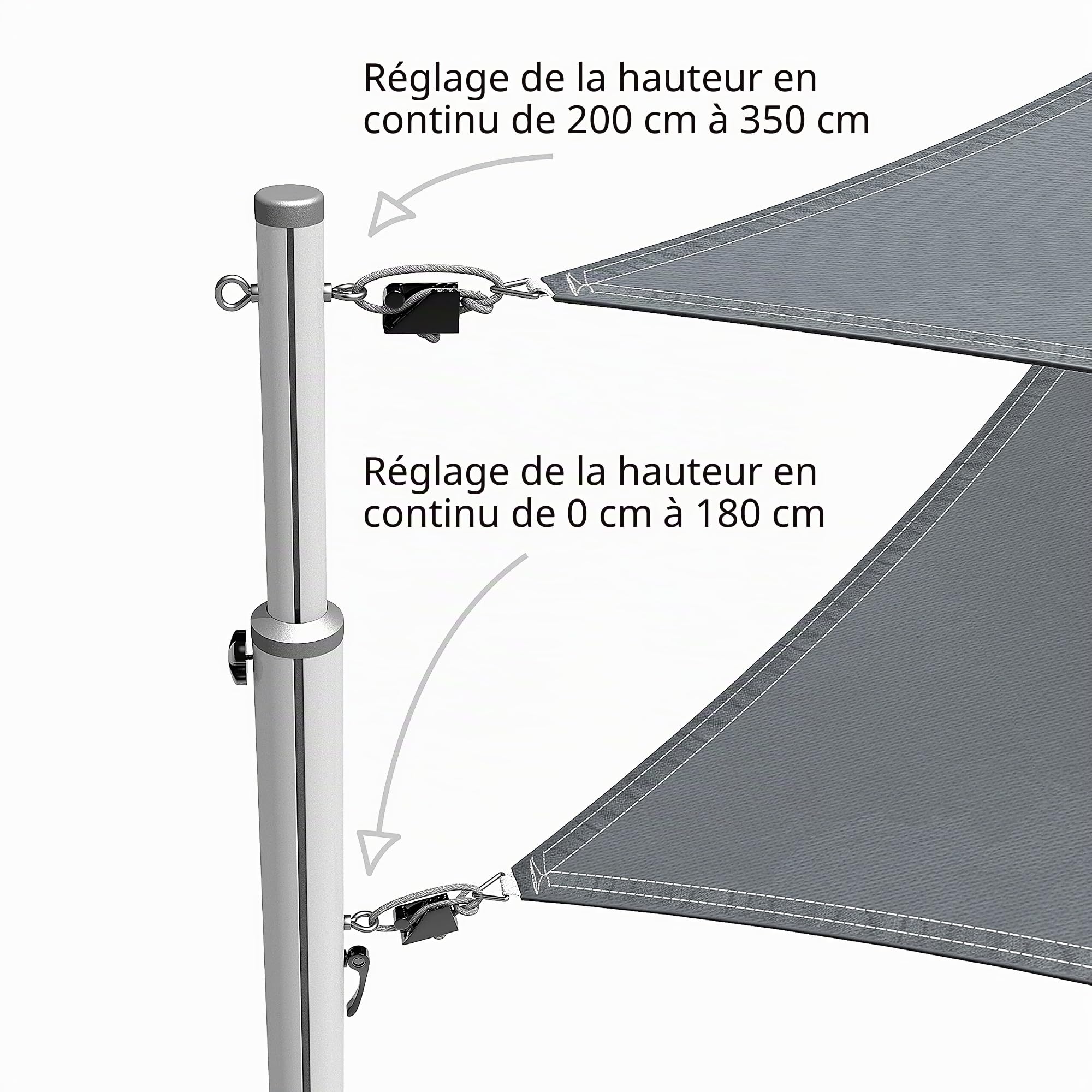Voile d'ombrage mât 2 pièces en aluminium télescopique de 2 m à 3,5 m extensible en continu avec réglage en hauteur en continu - Accessoires pour voile d'ombrage