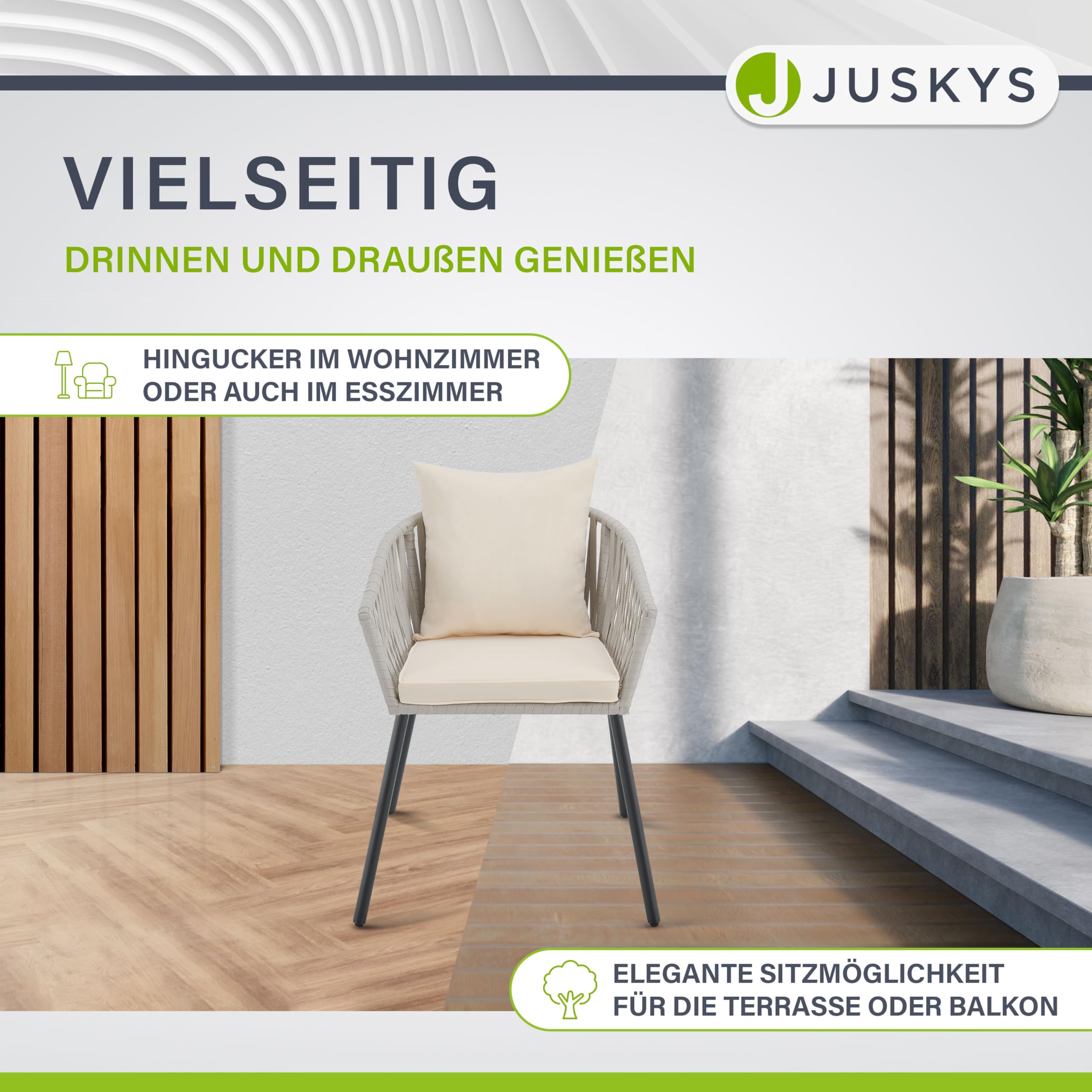 Juskys Rope Gartenstühle 2er Set wetterfest - bis 160 kg belastbar - Sitz- & Rückenkissen aus Polyester - 2 Stühle aus Stahl & Polypropylen für Garten, Terrasse & Balkon - Hellgrau