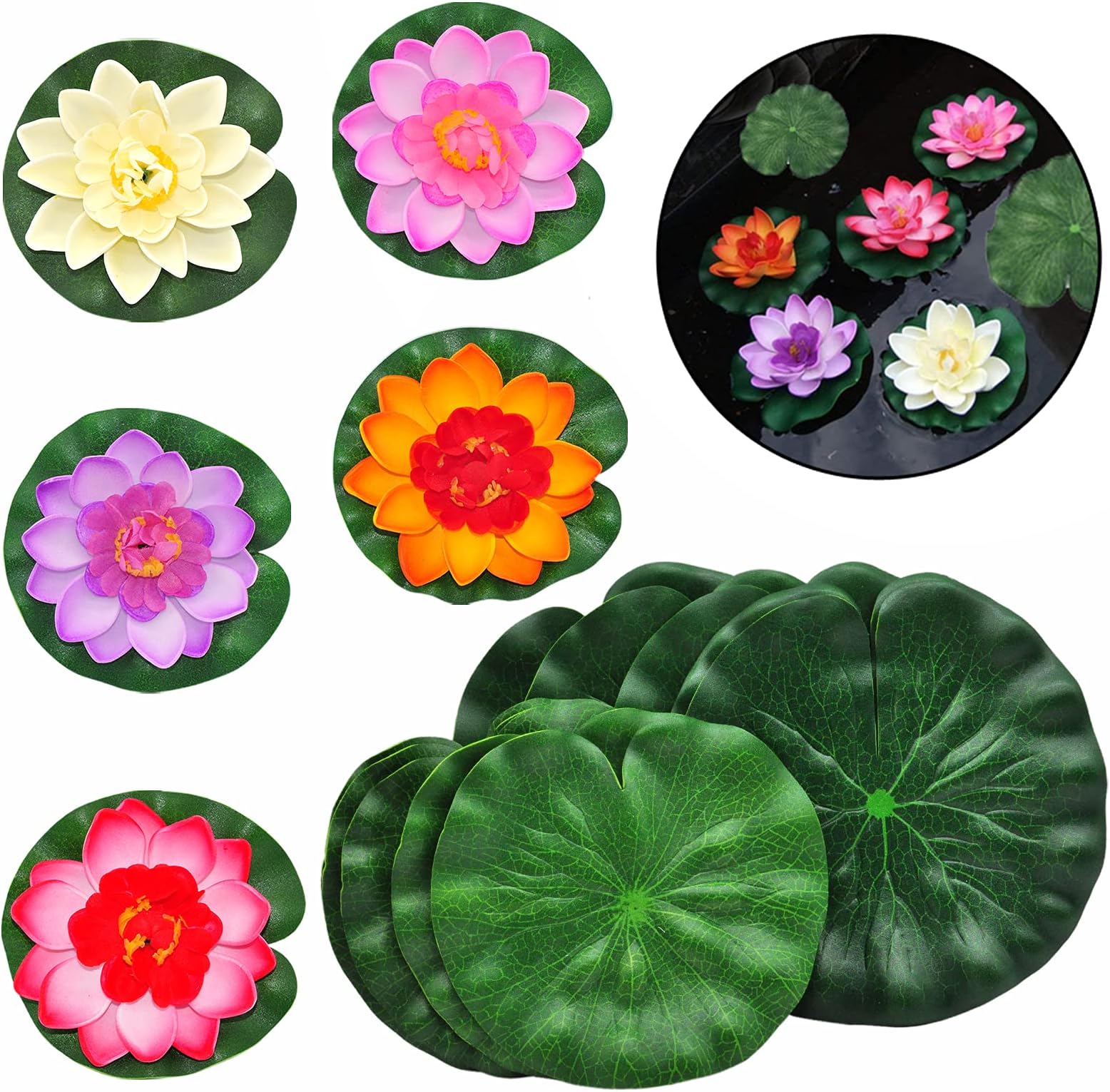 SwirlColor Artificial Lotus Flower Lotus Leaves set 15 pcs, Artificial Water Lilies Floating Foam Lotus Leaves for Aquariums Garden Pond Decor