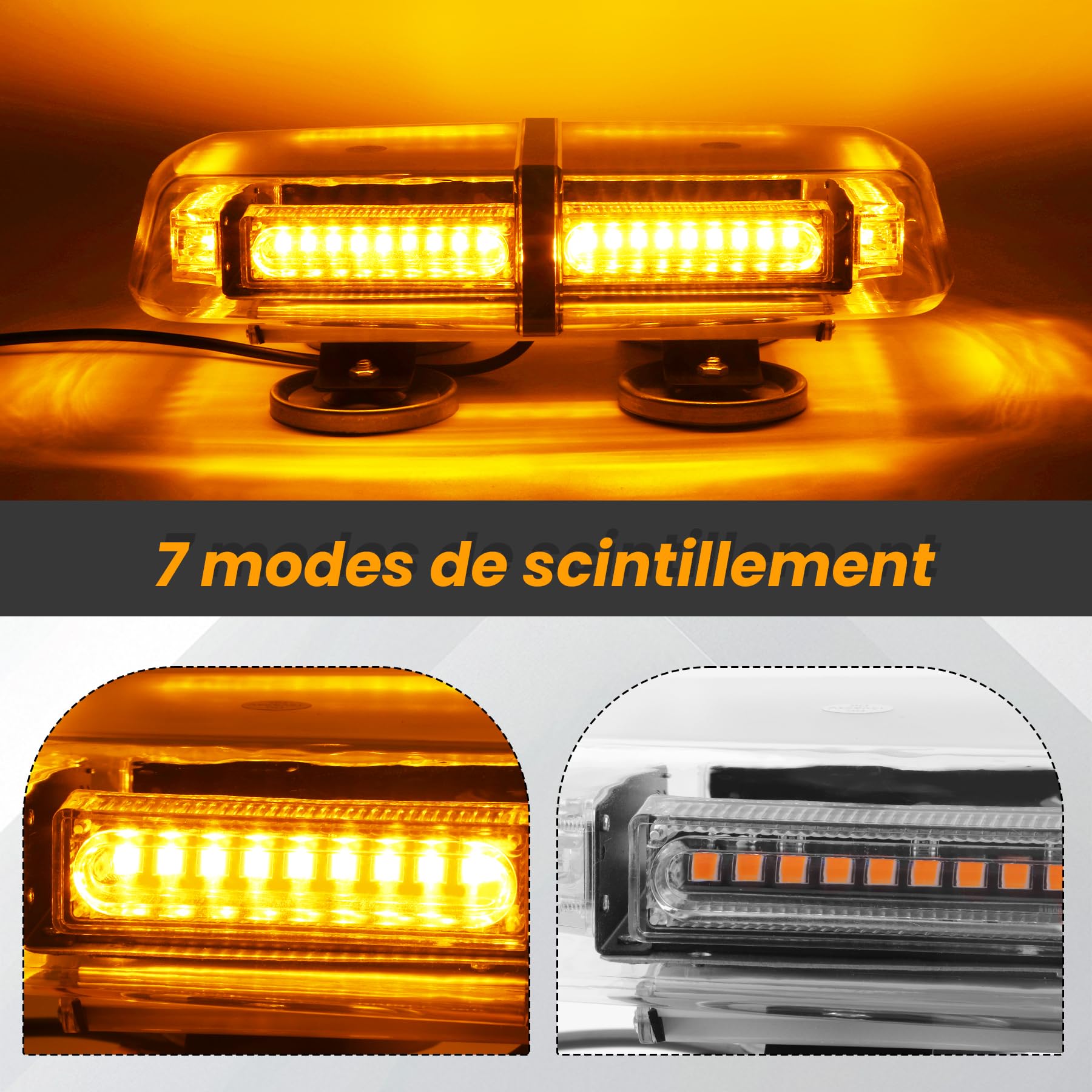 Gyrophare LED Orange 54 LED 12/24V, 7 Modes, Magnétique | IP65 étanche pour conditions climatiques difficiles, fixation magnétique adaptée aux voitures,camions et dépanneuses