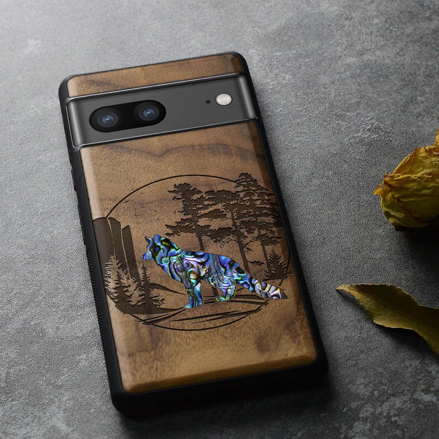Carveit Designer Wooden Case for Google Pixel 7a Case [Wood Engraving & Shell Inlay] Compatible with Wireless Chargers Pixel 7a (Fox and Woods-Walnut)