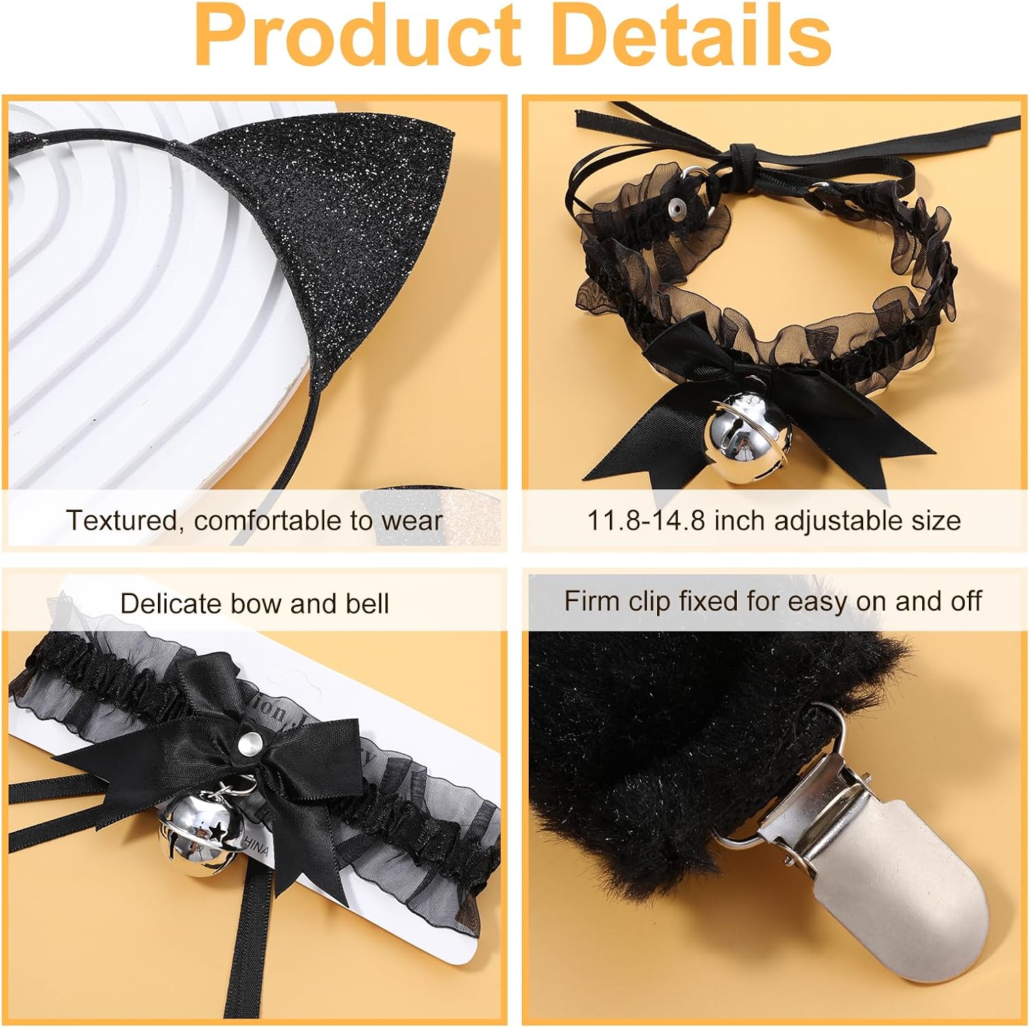 3 Pcs Cat Costume for Women, Cat Ears Headband and Tail Set Black Halloween Cats Costume Accessories Halloween Cats Cosplay Party Kit for Adults Women - Image 4