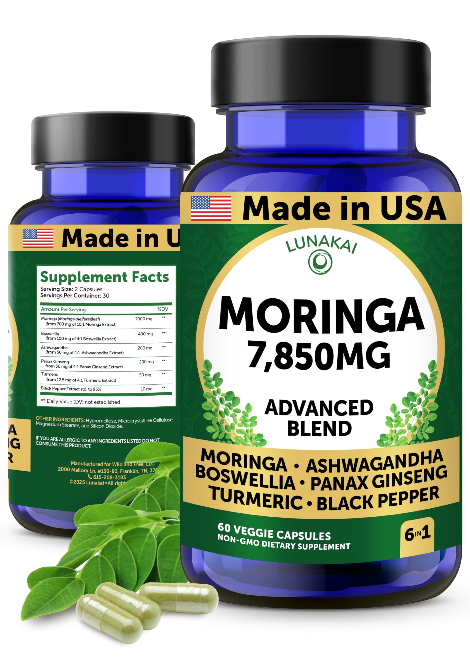Lunakai USA Made Pure Moringa Capsules – Advanced Moringa Leaf Extract Supplement with Ashwagandha, Boswellia, Ginseng & Turmeric, 60ct