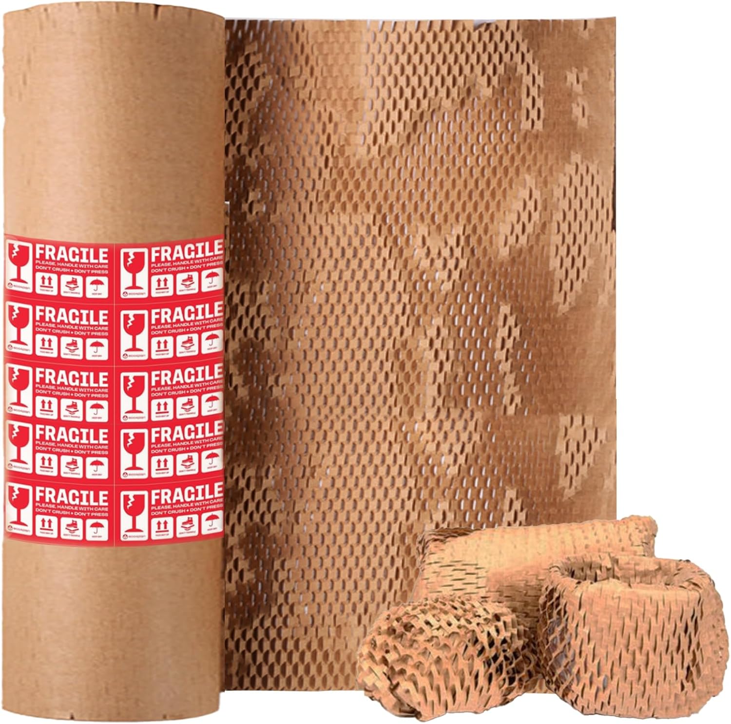 Honeycomb Packing Paper, 15"x300' Eco Friendly Packing Paper for Moving Recyclable Shipping Supplies Bubble Paper Wrapping Protective Roll, With 24 Fragile Sticker Labels