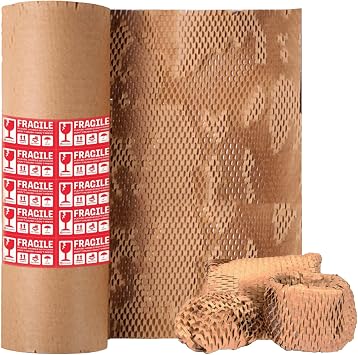Honeycomb Packing Paper, 15"x300 Eco Friendly Packing Paper for Moving Recyclable Shipping Supplies Bubble Paper Wrapping Protective Roll, With 24 Fragile Sticker Labels