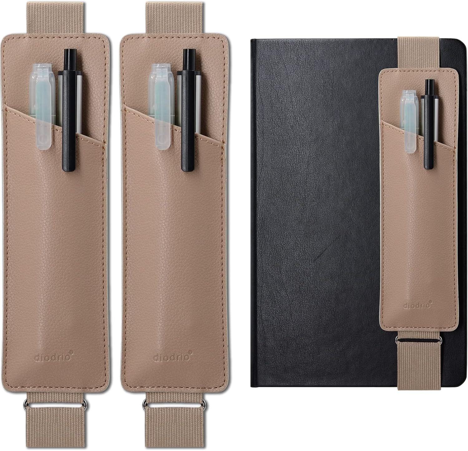 diodrio, Pen Holder, Pencil Holder, Pen Sleeve Case for Notebooks, Journals, Rigid Tablet Covers. Ultra Flat Design, Detachable, Elastic Band, Premium Soft Touch PU Leather. 2 Per Pack. : Office Products