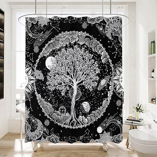 HMS Happy Memories Cortina de baño con flores bohemias, colorida y floral, hermosa cortina de ducha de tela de poliéster brillante para decoración