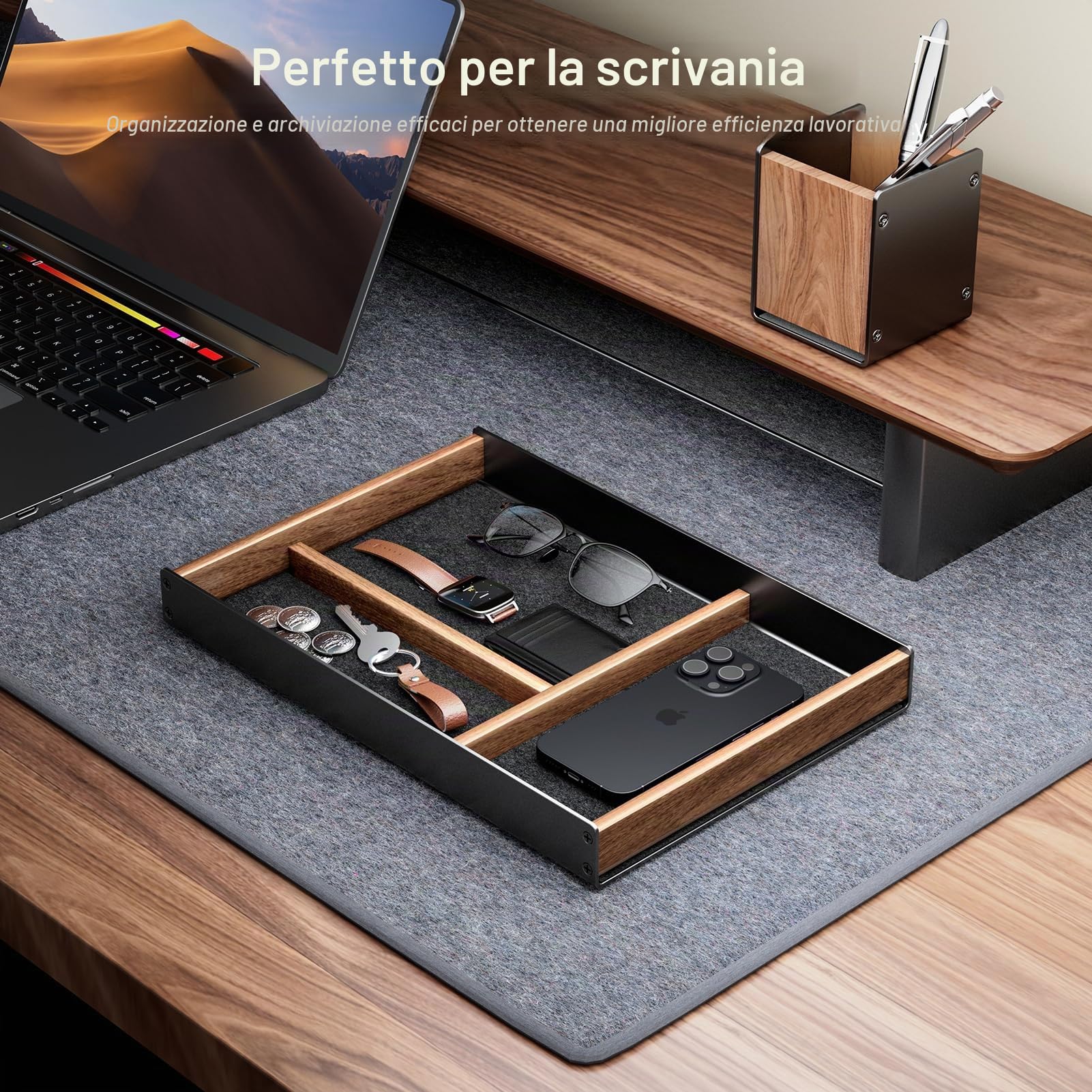 Vassoio da scrivania in legno, organizer da cassetto, stand appendiabiti da uomo in alluminio e noce, accessori da ufficio estetici, casa, forniture, chiavi, penne, orologi