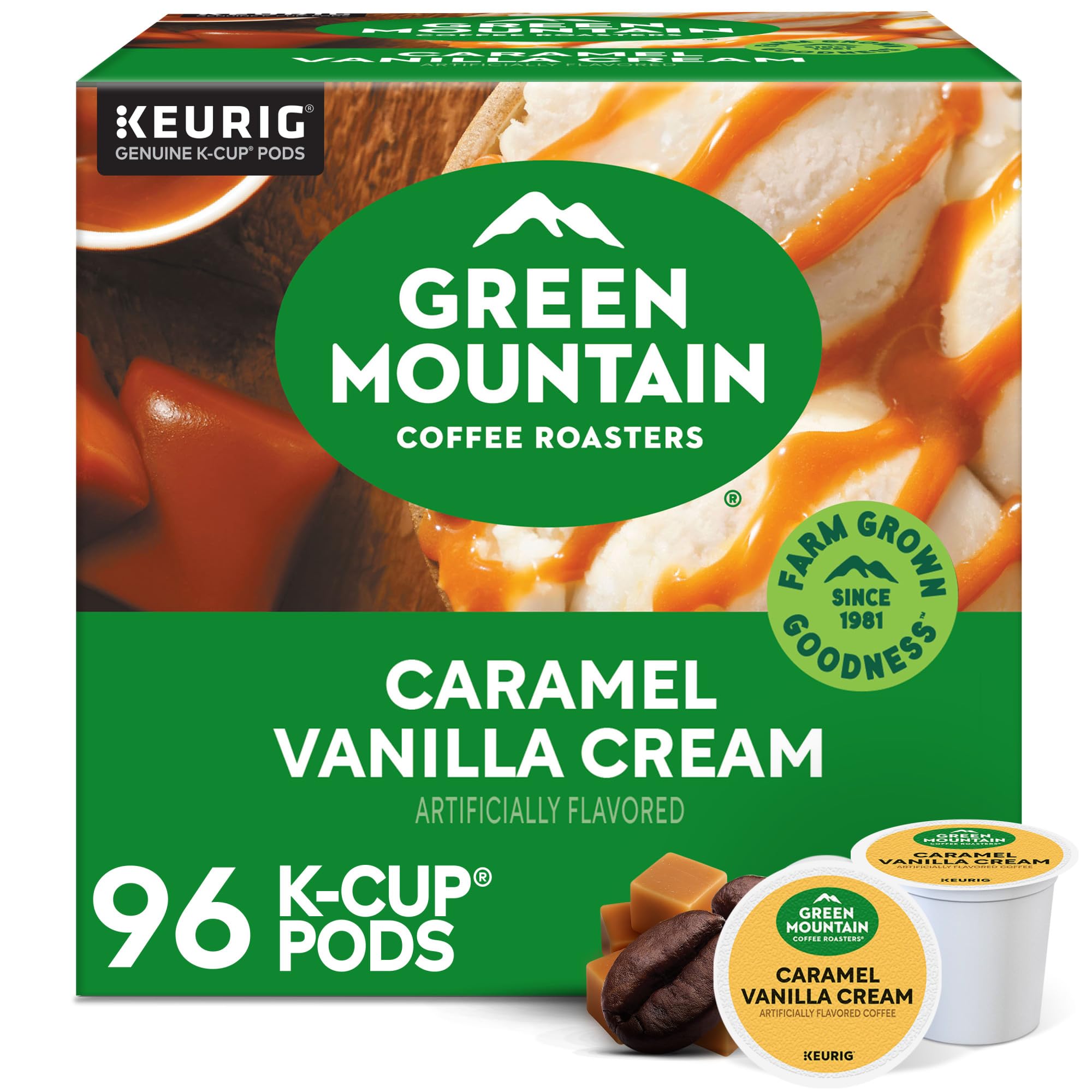 Green Mountain Coffee Roasters Caramel Vanilla Cream Coffee, Keurig Single-Serve K-Cup pods, Light Roast, 96 Count