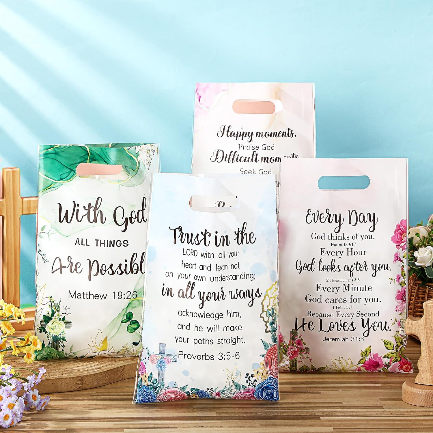 Yinder 200 Pcs Christian Gift Bags with Handles Bible Verse Plastic Bag Bulk for Mother's Day Religious Treat Sack Christian Gifts Inspirational Flower Candy Pouches for Women Party Favor Church Gift - Image 2