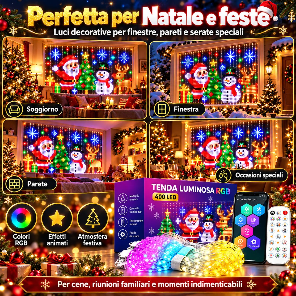 Tenda 400 RGB LED Natalizia Animata, Effetti RGB per Casa e Feste (3m*3m)