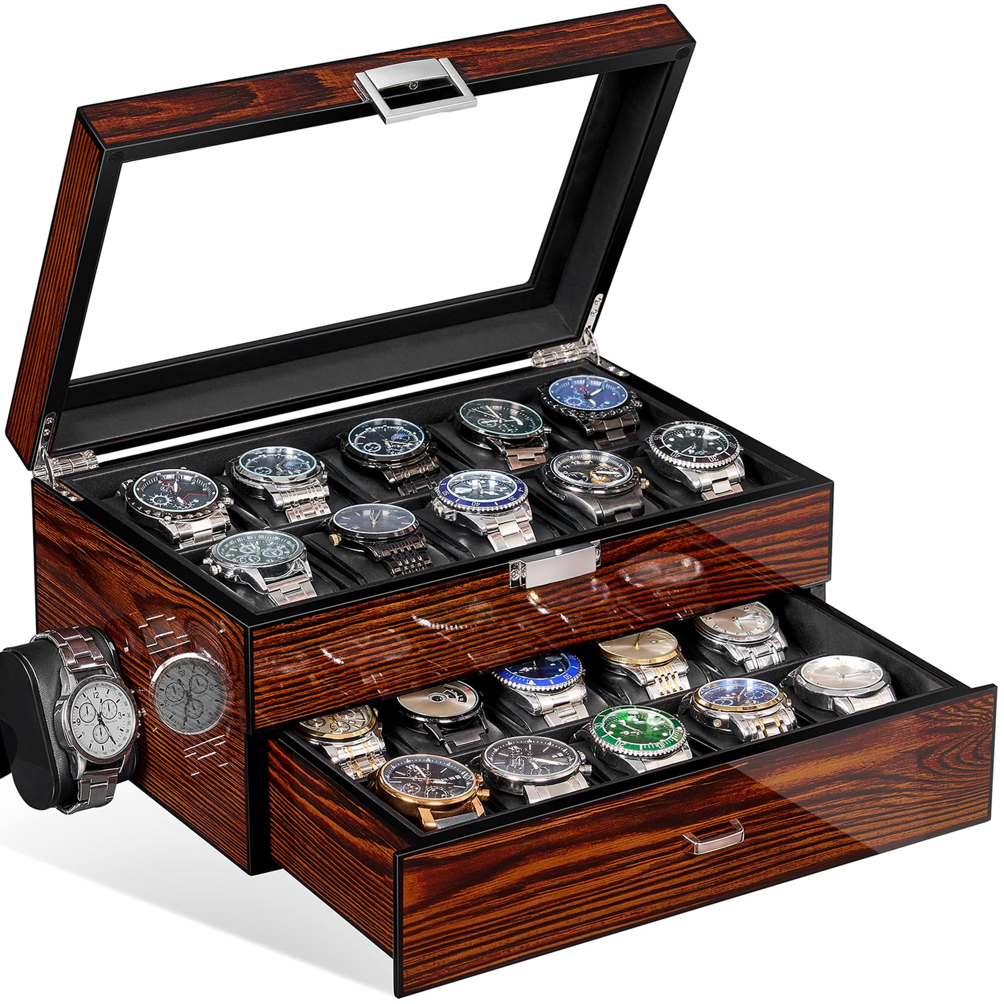 BEWISHOMEBEWISHOME High-End Watch Box, 20-Slot Watch Case with Large Glass Lid, Wooden Watch Cases for Men, Watch Storage, Watch Organizer, Synthetic Leather Interior, Brown SSH04Y
