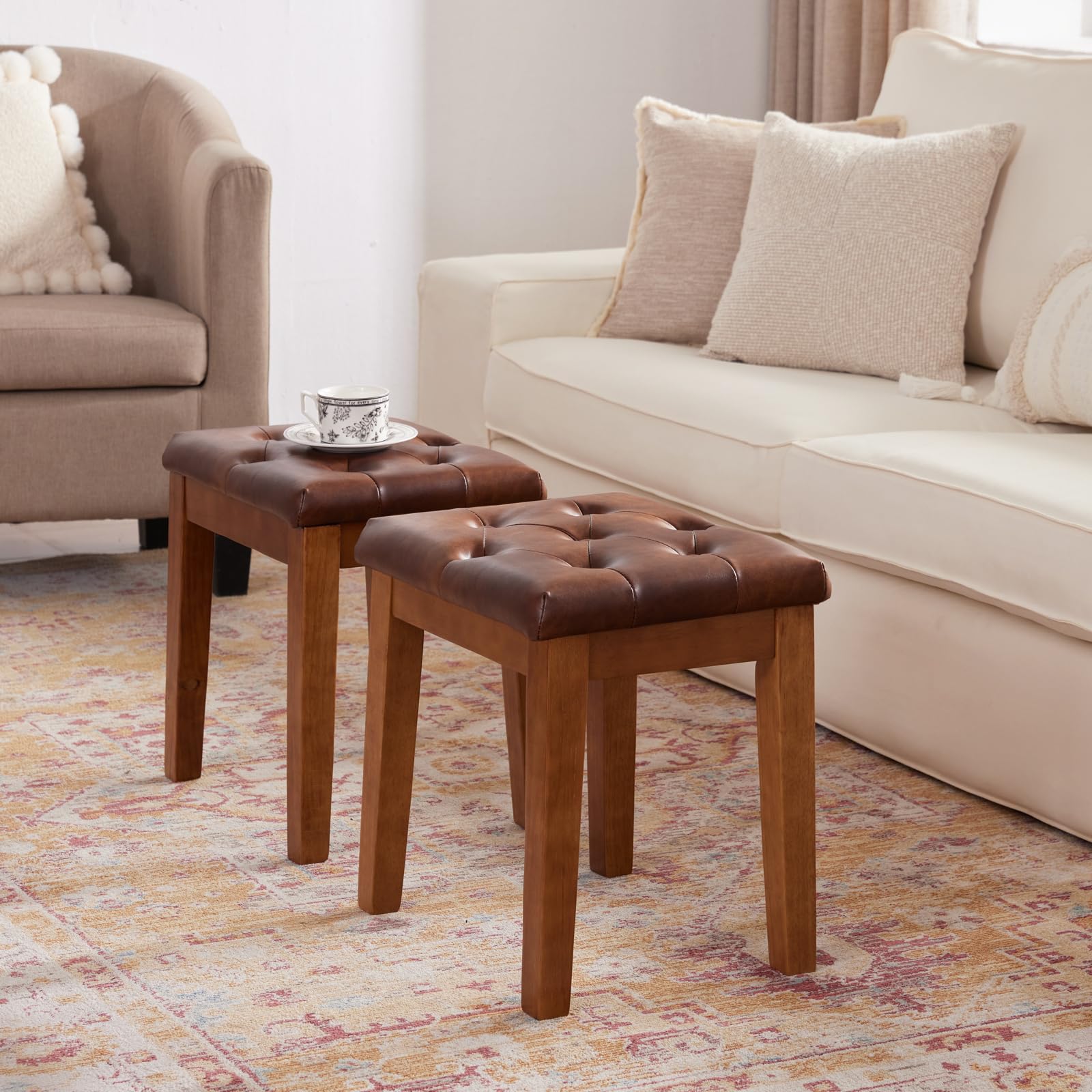 Polsterhocker Schminktisch Hocker Sitzhocker, Gepolstert und Getuftet, Massivholz, für Eingangsbereich, Flur, Wohnzimmer, Kunstleder, Retrobraun, 42 x 32 x 44 cm
