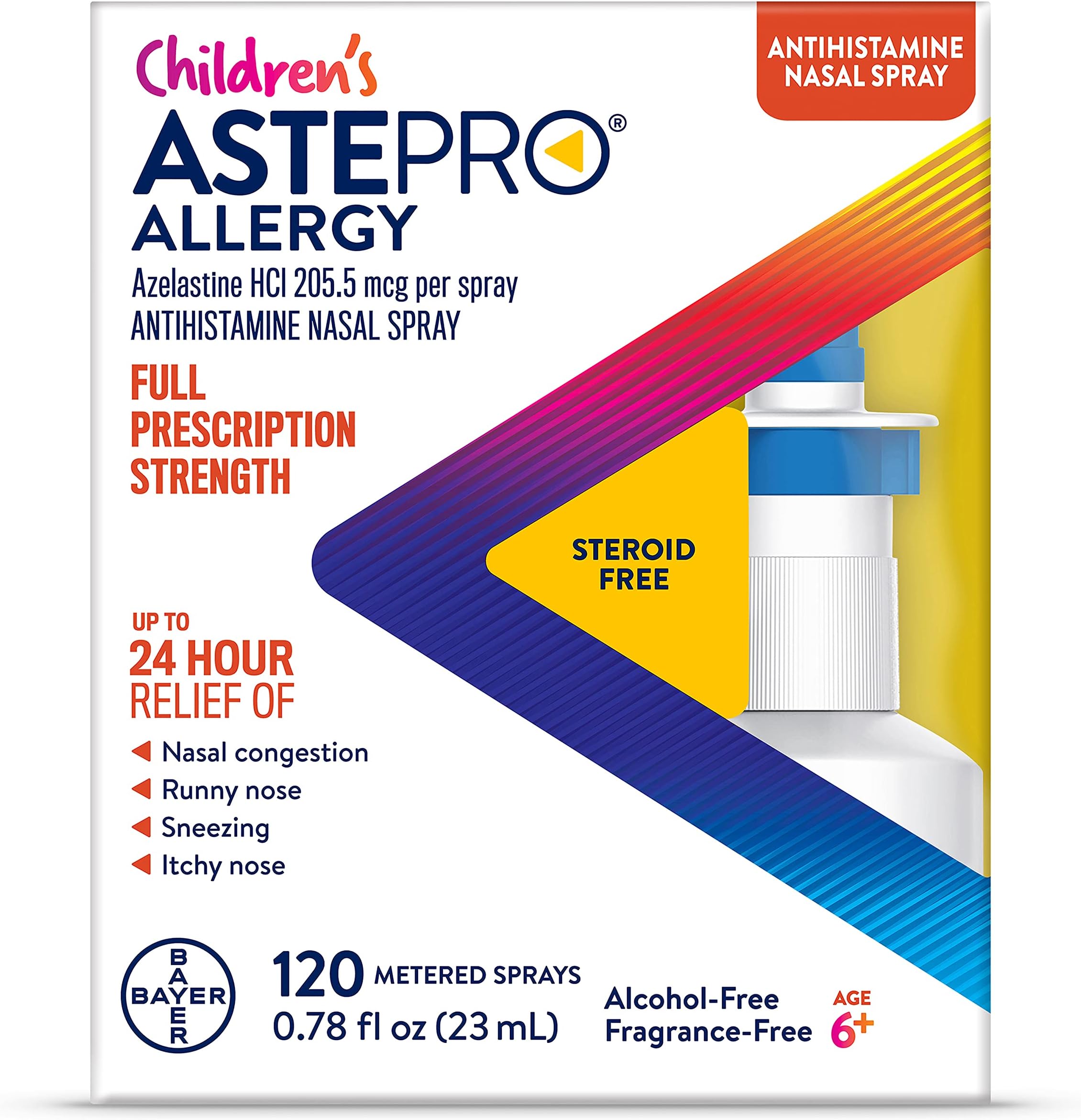 Children's Astepro Allergy Nasal Spray - Steroid-Free Antihistamine For 24-Hour Allergy Relief, Nasal Congestion, Runny Nose, 120 Metered Sprays, White, 0.78 Fl Oz (Pack of 1)
