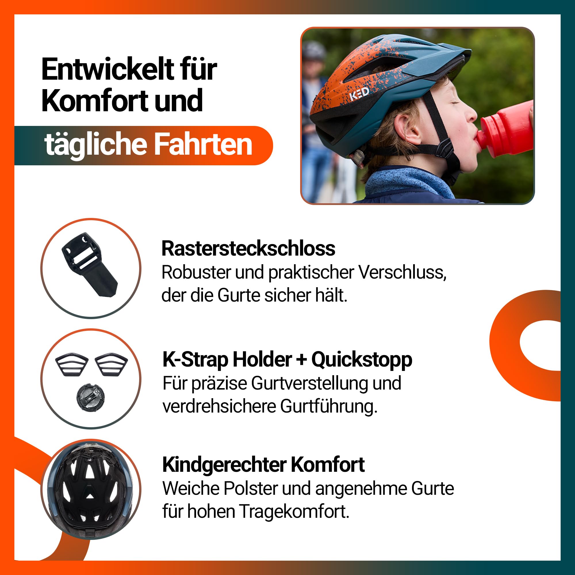 Street Jr Pro Kinder- und Jugend-Fahrradhelm mit LED Rücklicht, 300g, Made in Germany, Maxshell-Technologie, K-FIT Anpassung