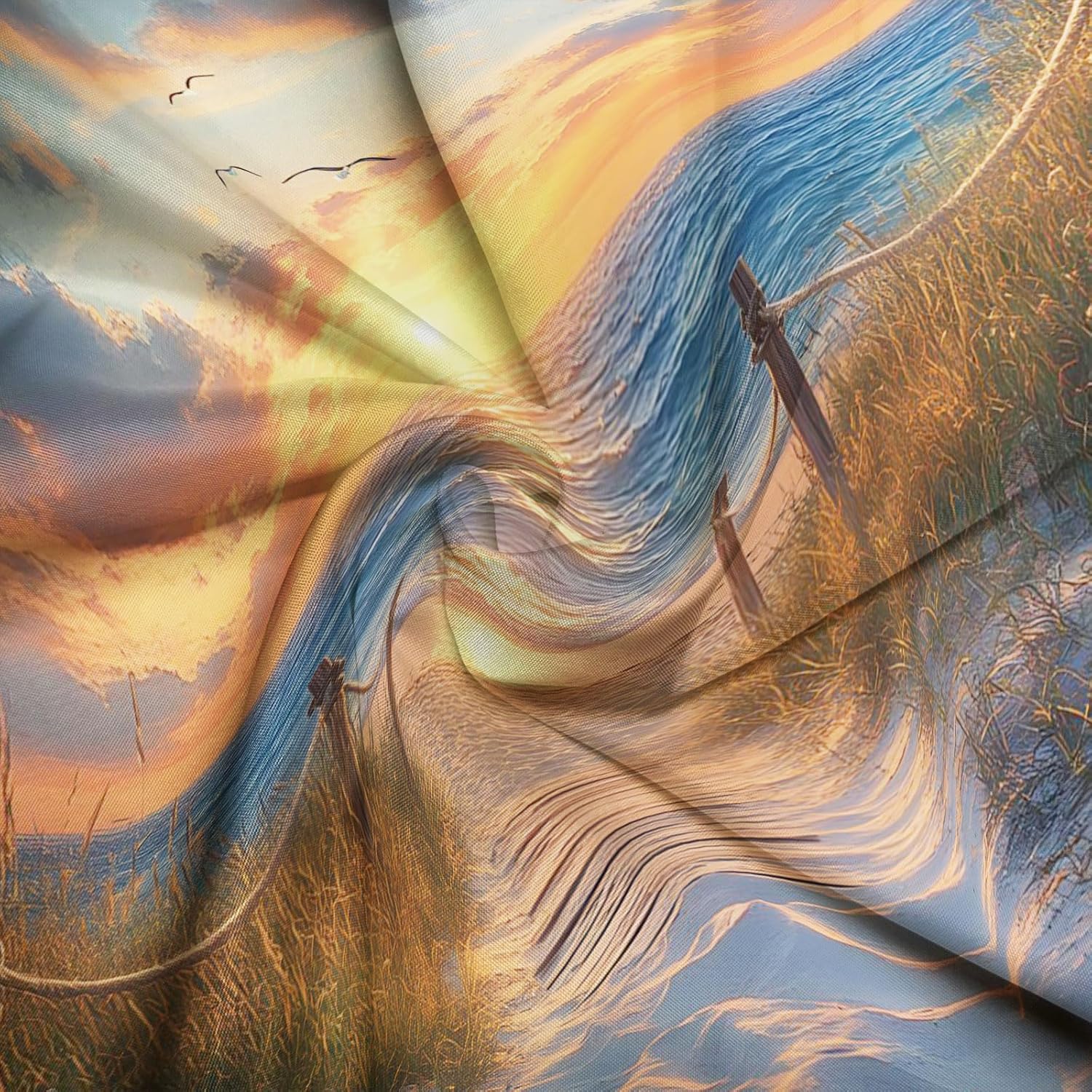 Ocean Beach View Shower Curtain Sunrise Sunset Scene Hawaii Seashore Sun Grass Sand Summer Coastal Seaside Seagull Peaceful Seascape Nautical Vacation Bathroom Decor Fabric Curtain with Hooks