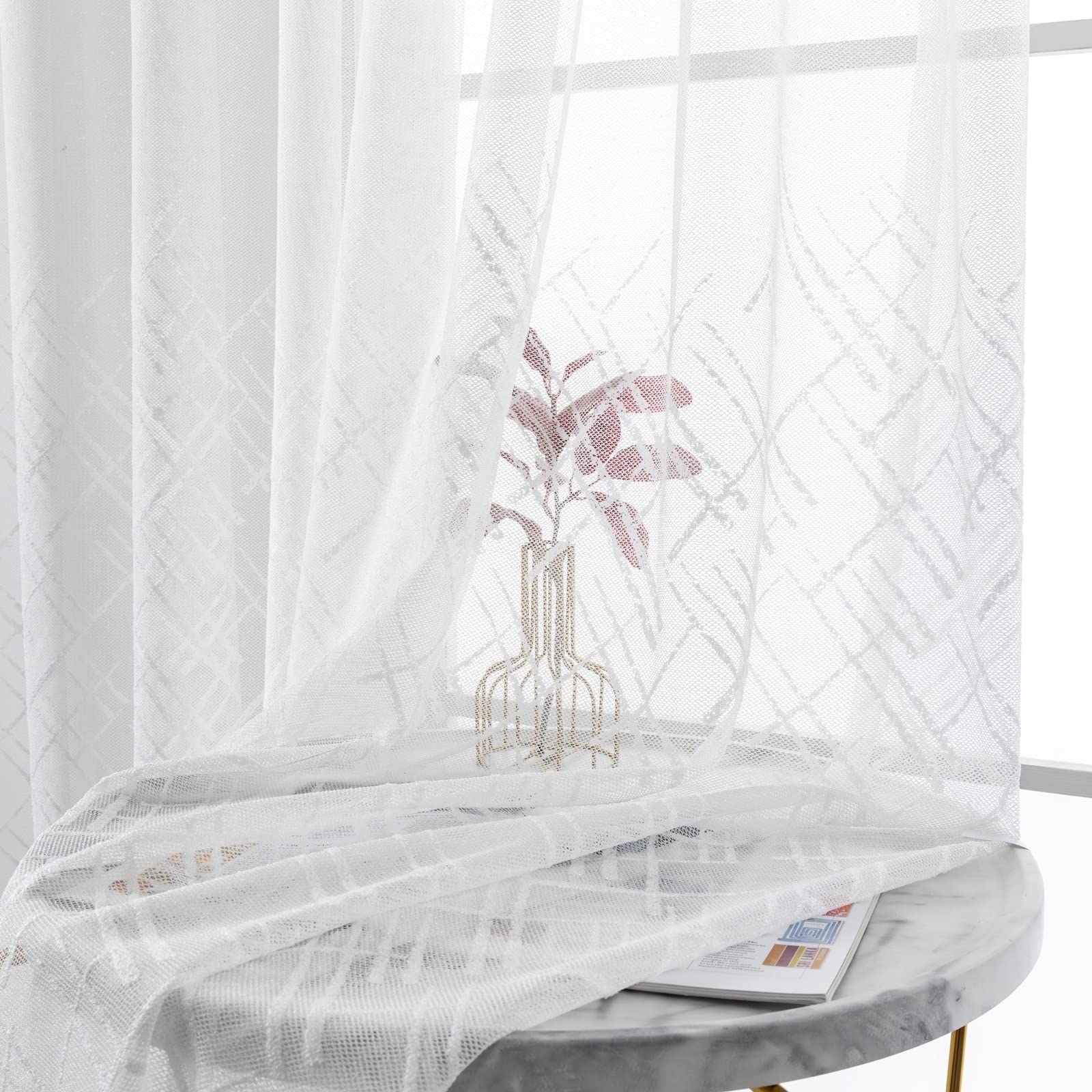 Rideau Interieur Blanc, Rideau Chambre Voilage Polyester Croix Transparente Lot de 2 Paire de Rideaux Salon 34X84Inch(86X214CM)