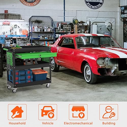 Miniatura 6 de Carrito de herramientas rodante de 3 niveles con ruedas, carrito utilitario resistente con cajones, carrito de servicio de gran capacidad de