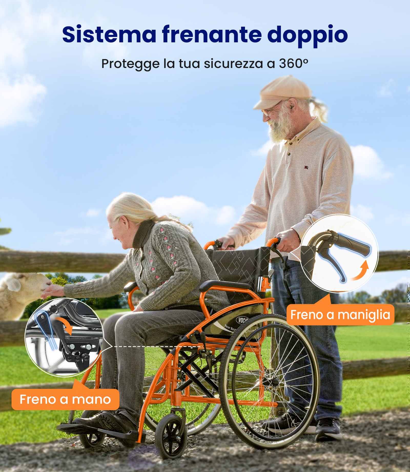 VOCIC U31 - Sedia a rotelle pieghevole leggera, per trasporto fino a 150KG, design a doppia frenata, sedia a rotelle autospinta per anziani (17,5kg), sedia a rotelle da viaggio con ruota posteriore