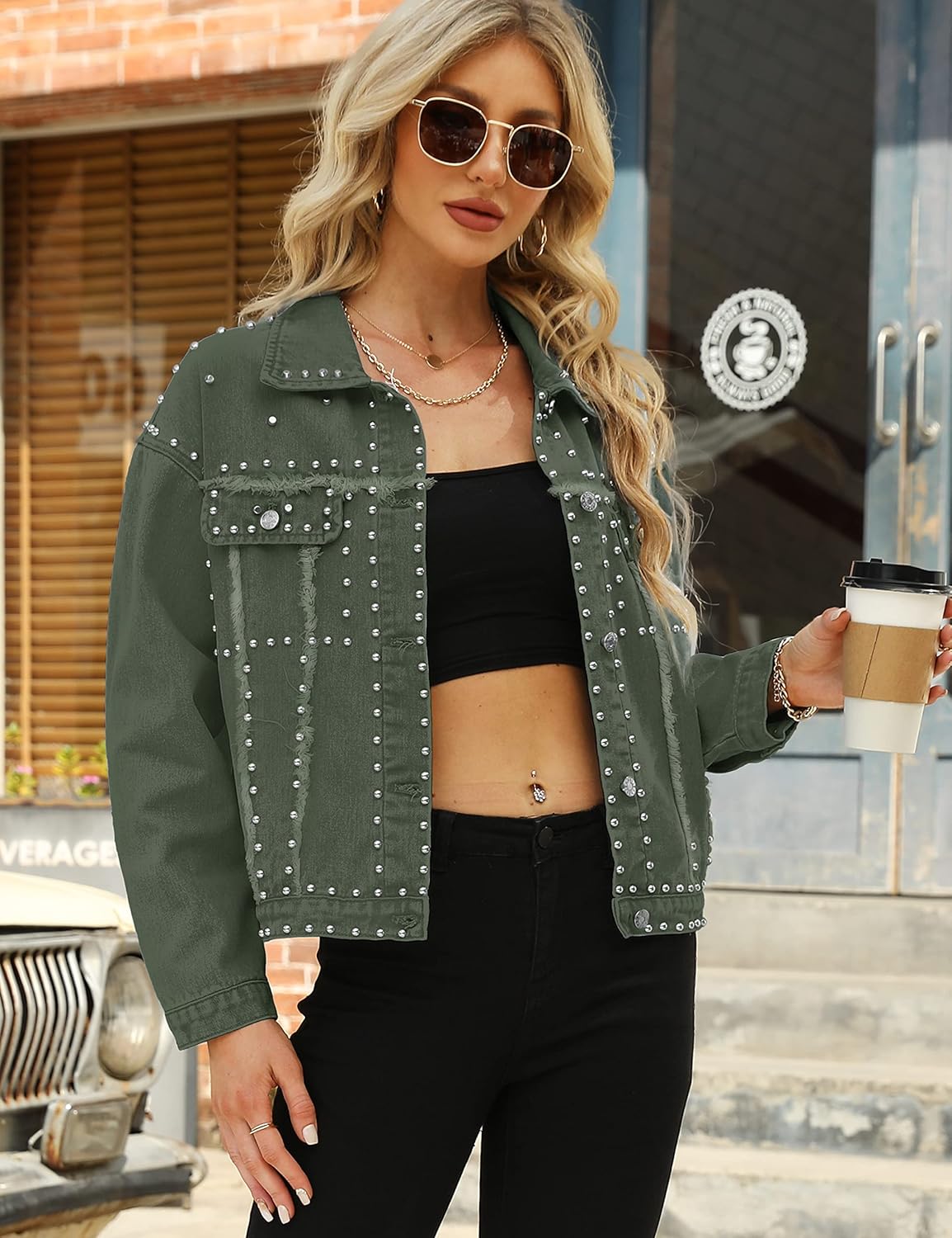 Omoone Women's Long Sleeve Rivet Studded Denim Jacket Casual Washed Short Jean Coat Western Outfits - Image 3