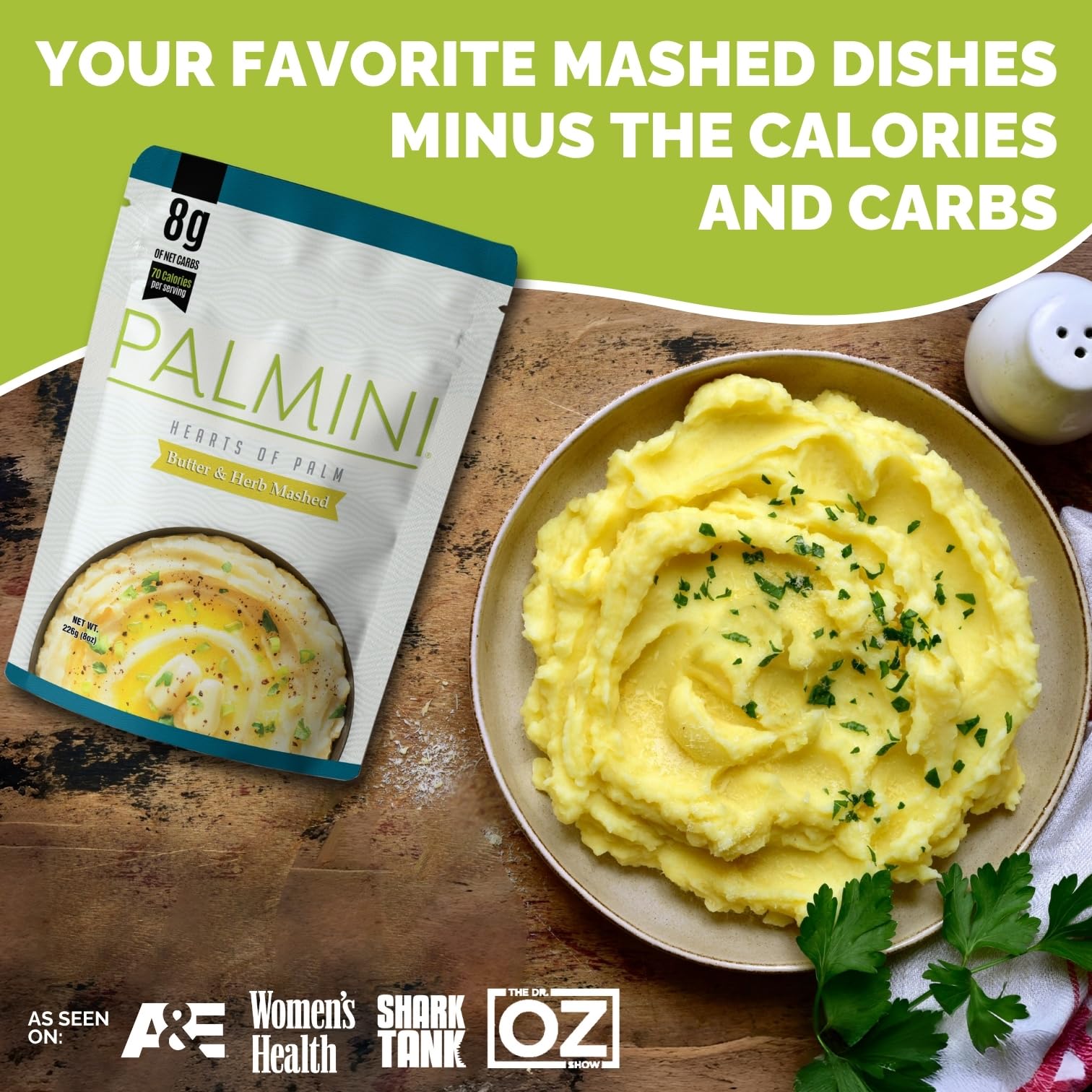 Palmini Butter & Herb Mashed |Low Carb, Low Calorie Hearts of Palm Mashed|8g of Net Carbs, 70 Calories Per Serving | As Seen on Shark Tank | Ready-to-Eat | (8 Ounces Pouch (Pack of 6)