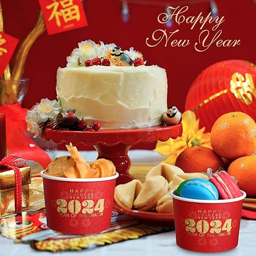 Miniatura 4 de Nuanchu Paquete de 100 tazas de aperitivos de Año Nuevo chino, 9 onzas, cuencos de papel de Año Nuevo Lunar para aperitivos Año del Dragón, cuencos
