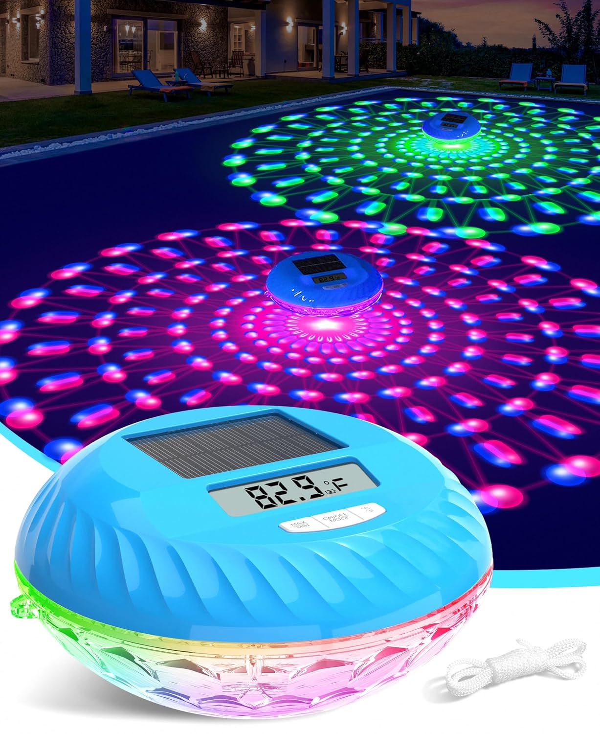 LuxBlue 2026 Solar Digital Pool Thermometer with Dynamic Lighting Effects, Floating Pool Temperature Thermometer- Large Screen for Easy Read, IP68 Waterproof Pools Temperature Gauge for Spa & Hot Tub